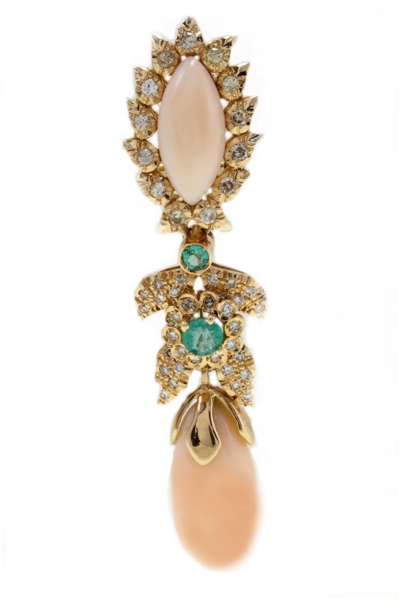 Retro Luise Diamonds Emeralds Coral Gold Earrings 