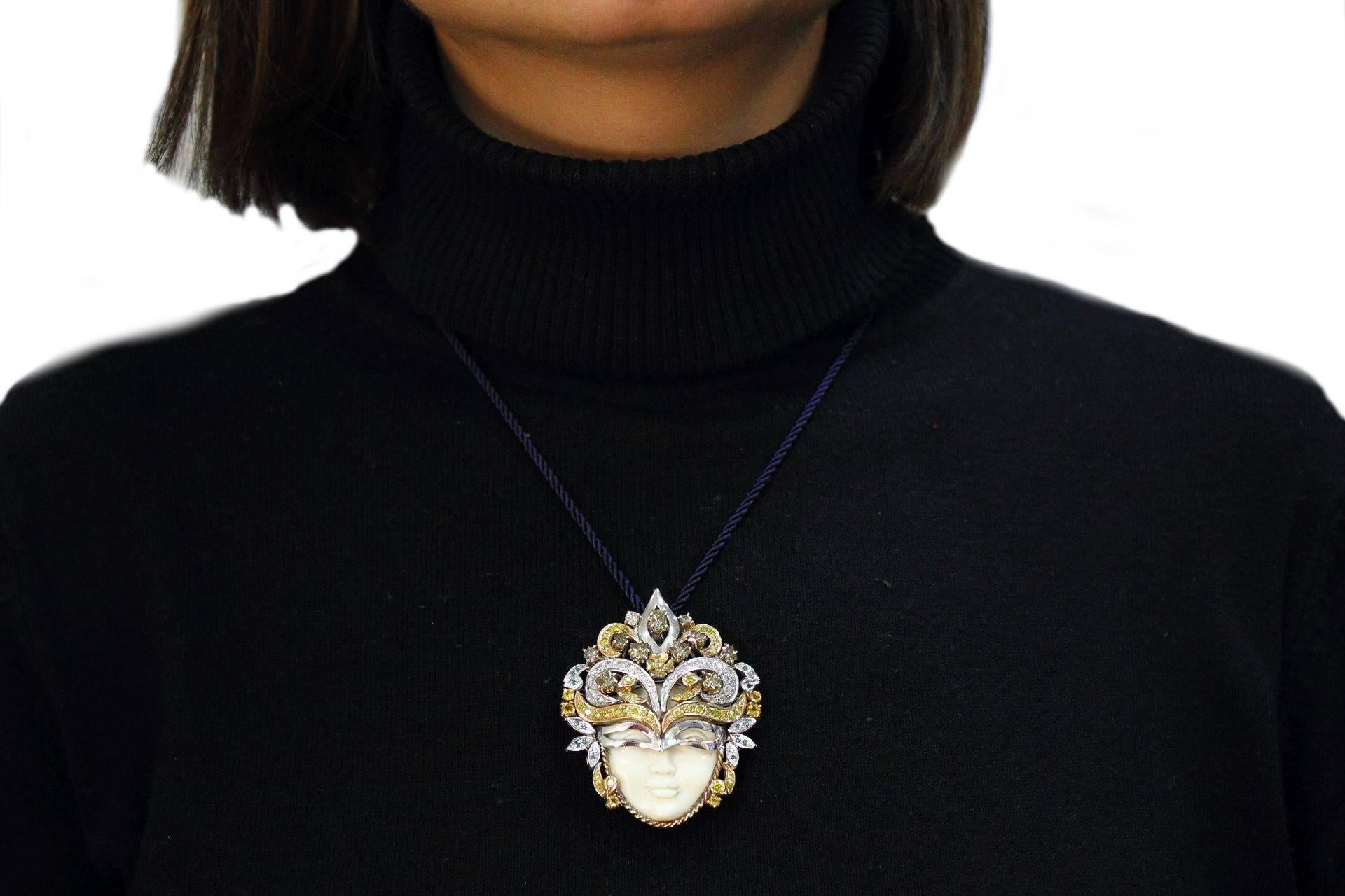 Women's White Diamonds Blue Diamonds Venetian Mask Pendant Gold Necklace