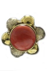 Red Coral Buttons, 18K Yellow Gold Flower Shape Earrings.