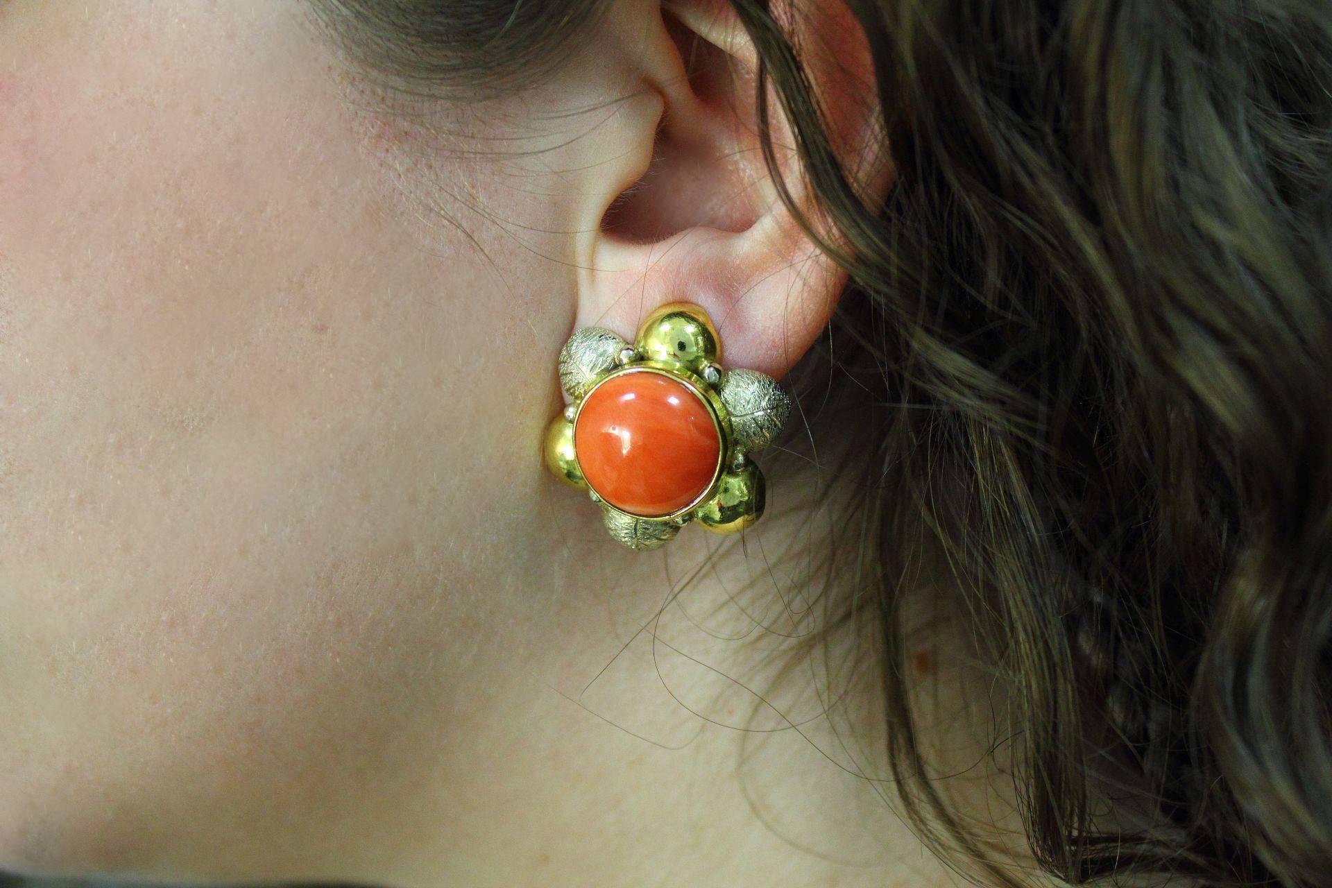 Cabochon Red Coral Buttons, 18K Yellow Gold Flower Shape Earrings. For Sale