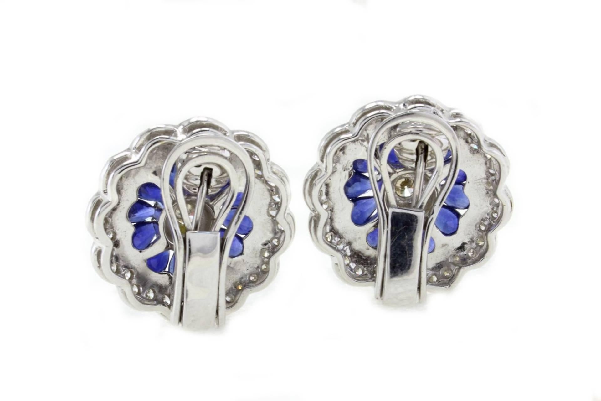 Mixed Cut Diamond Blue Sapphire Flower Stud Gold  Earrings