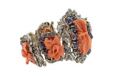 Diamonds Blue Sapphires big Corals Gold and Silver Bracelet