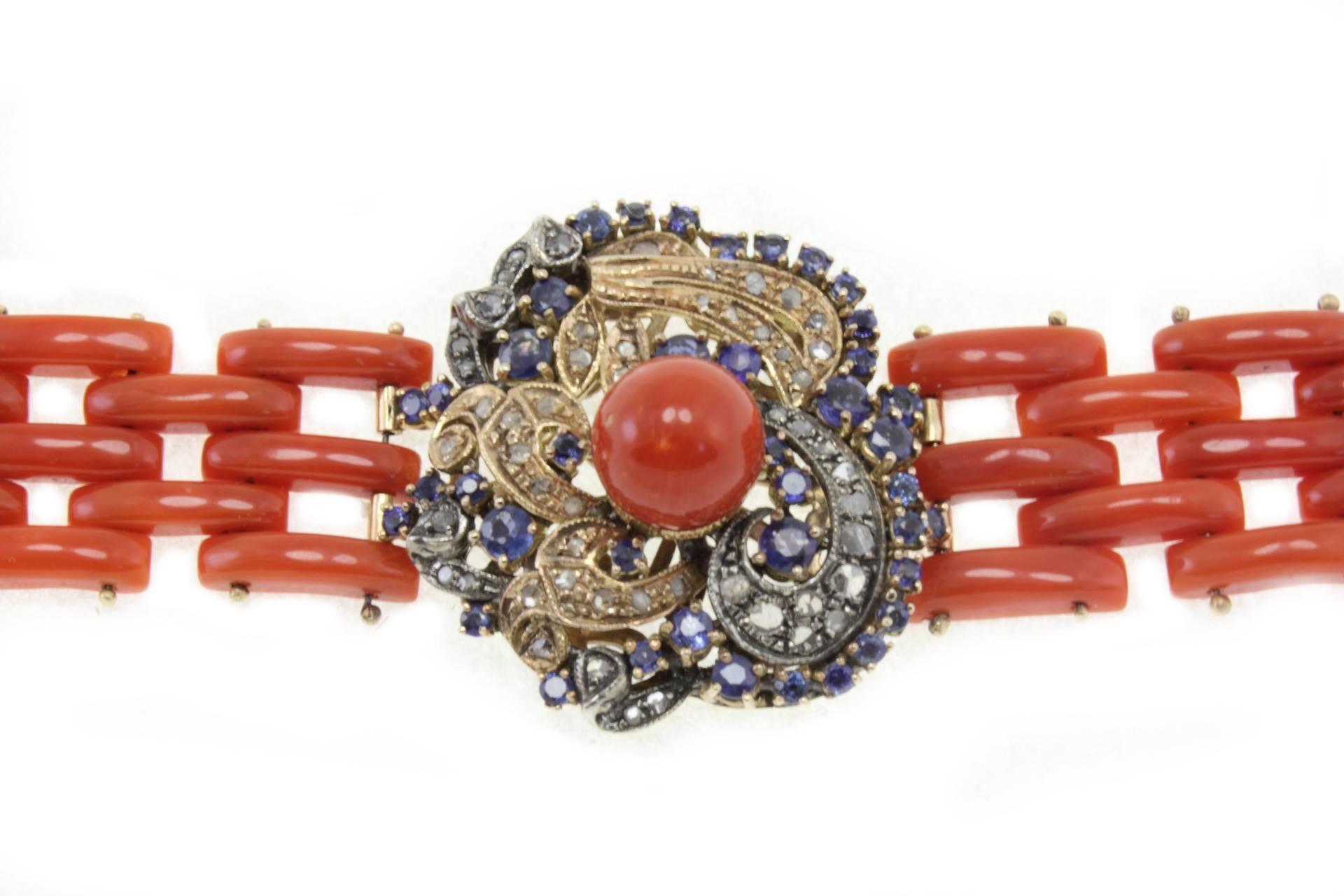 Retro Diamonds Blue Sapphires Coral Gold and Silver Bracelet