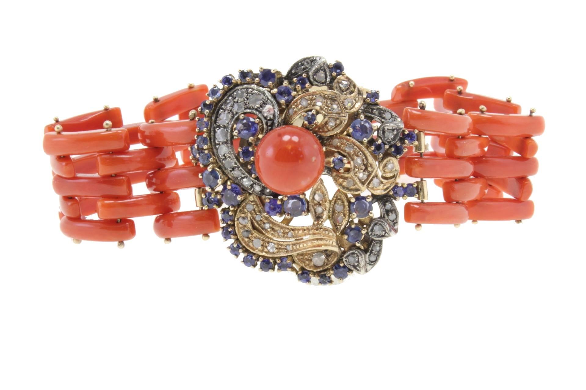 Diamonds Blue Sapphires Coral Gold and Silver Bracelet In Good Condition In Marcianise, Marcianise (CE)