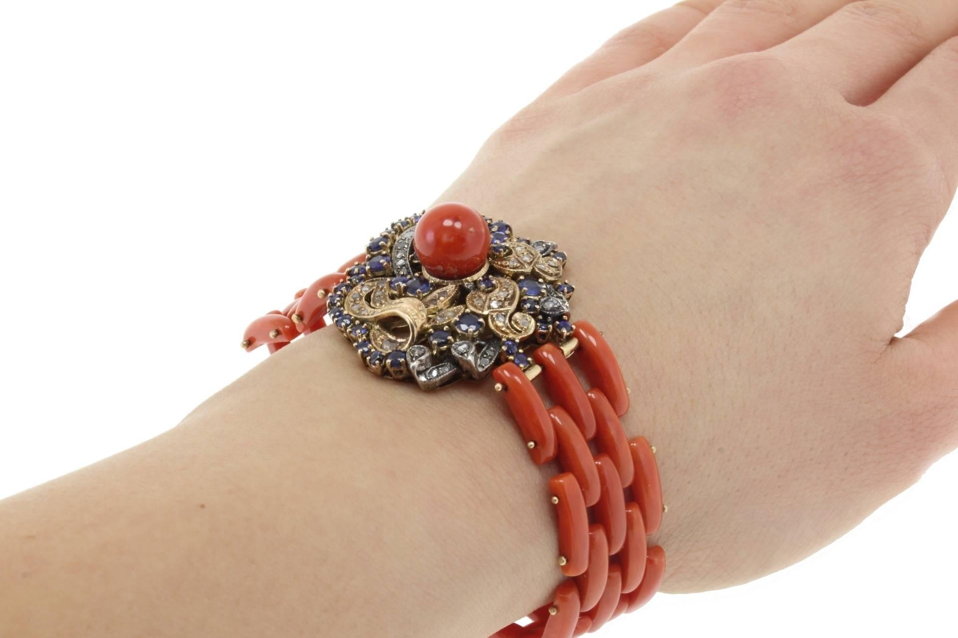 Women's Diamonds Blue Sapphires Coral Gold and Silver Bracelet