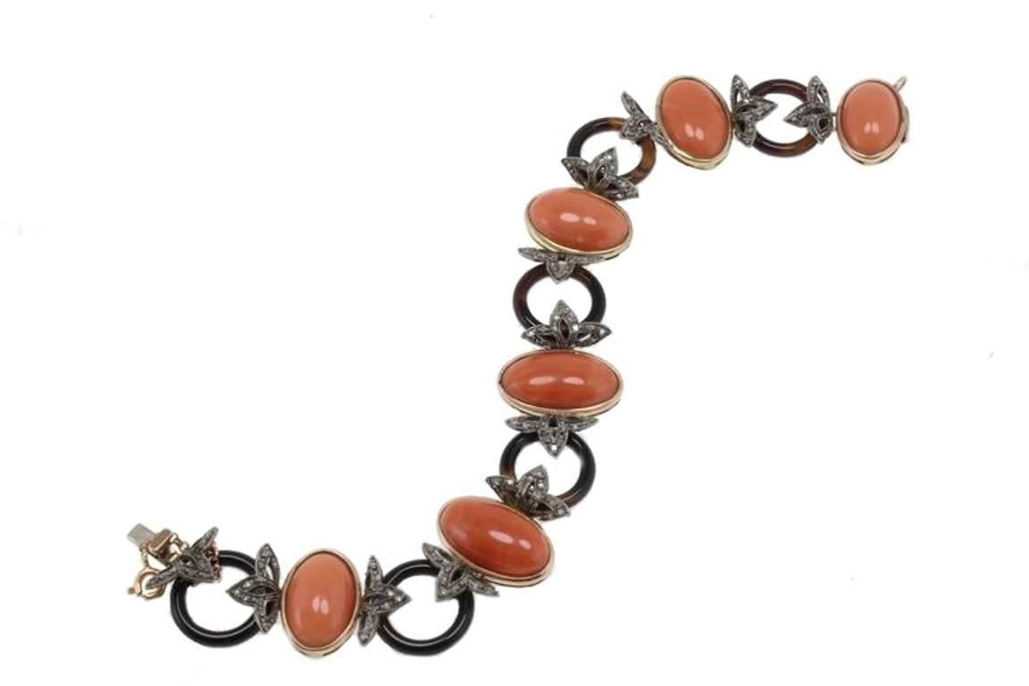 Retro Diamonds Coral Onyx Gold and Silver Bracelet