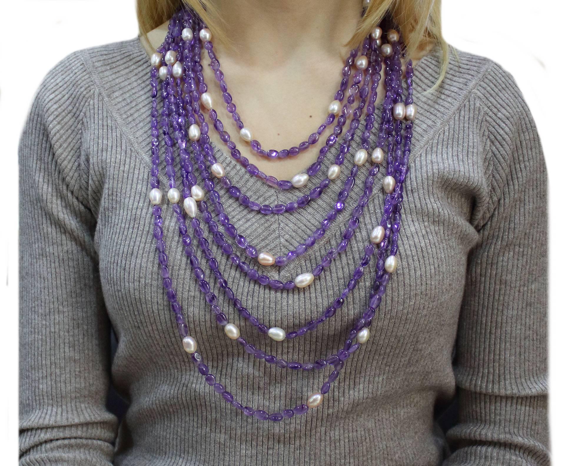 Luise Amethyst Pearls Silver Multi-Stand Necklace  In Good Condition In Marcianise, Marcianise (CE)