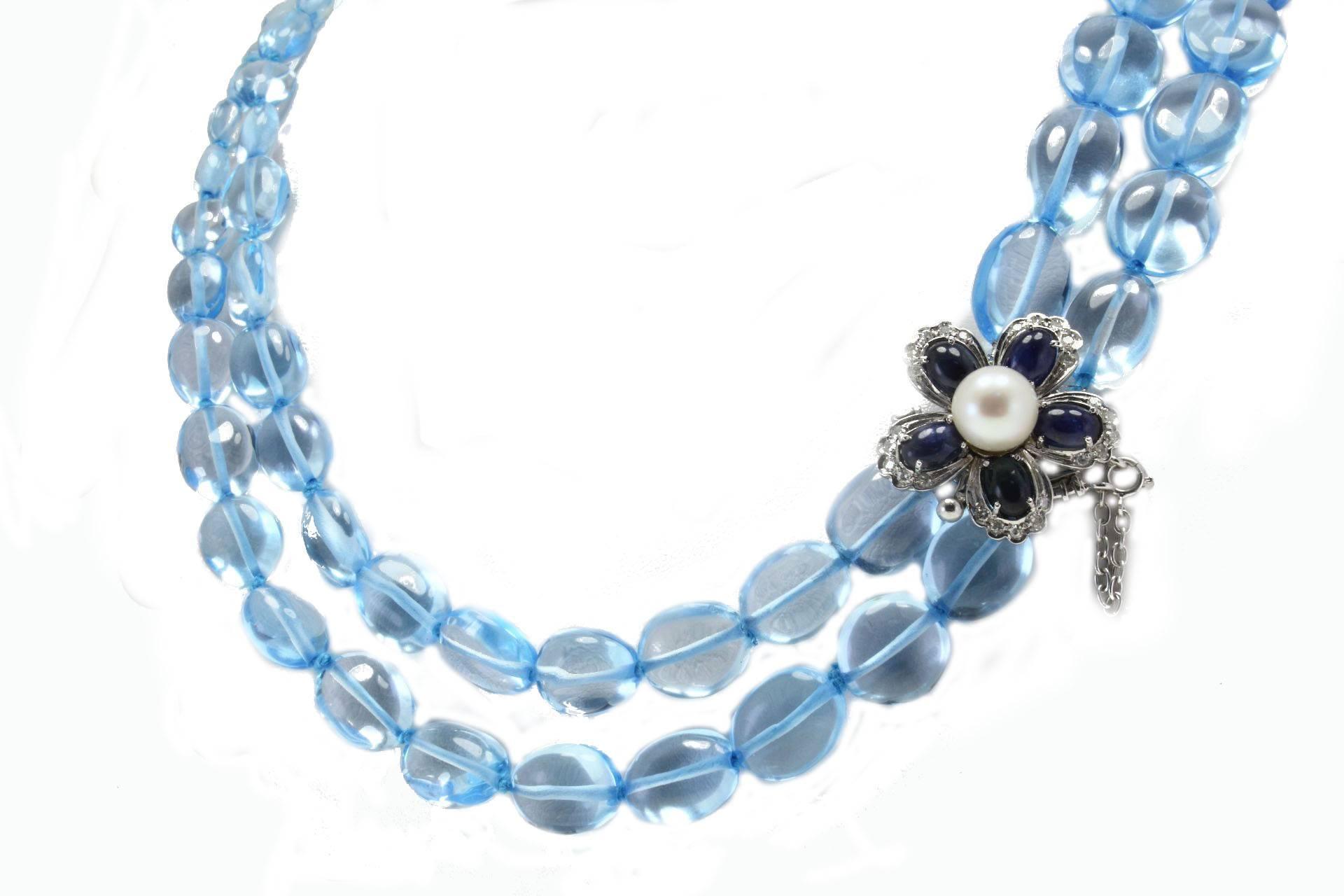 Retro Diamonds Blue Sapphires Pearls Topaz Gold Necklace