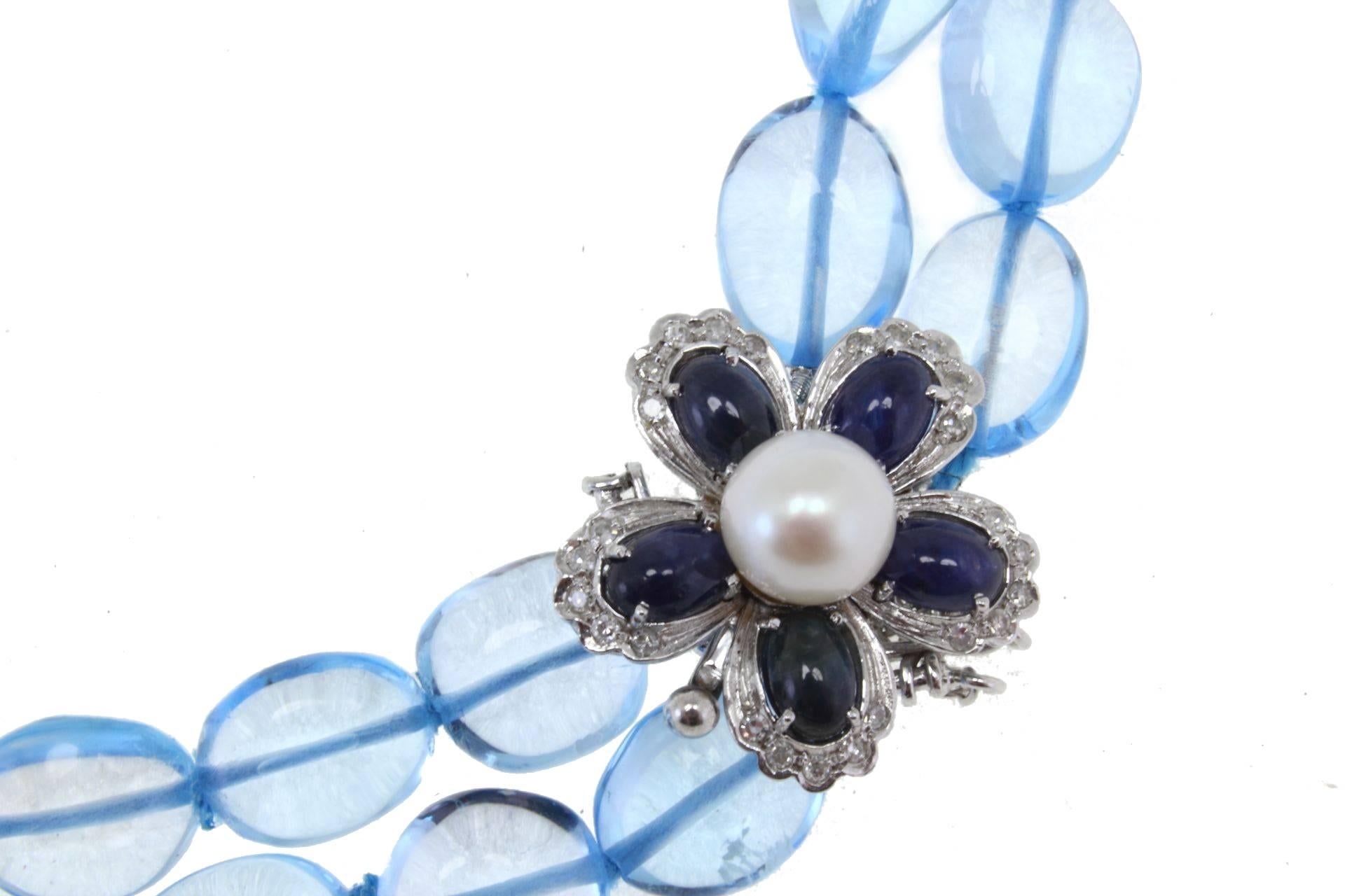 Diamonds Blue Sapphires Pearls Topaz Gold Necklace In Good Condition In Marcianise, Marcianise (CE)