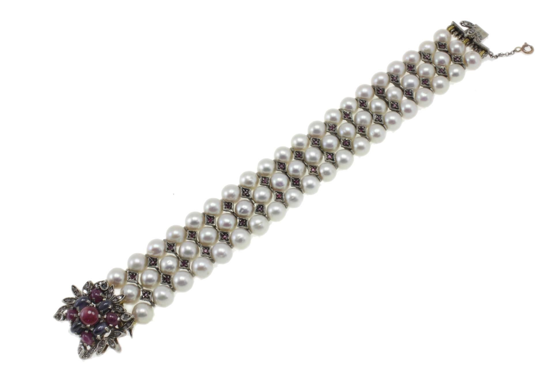 Luise Diamonds Blue Sapphires Rubies Pearls Gold and Silver Bracelet In Good Condition In Marcianise, Marcianise (CE)