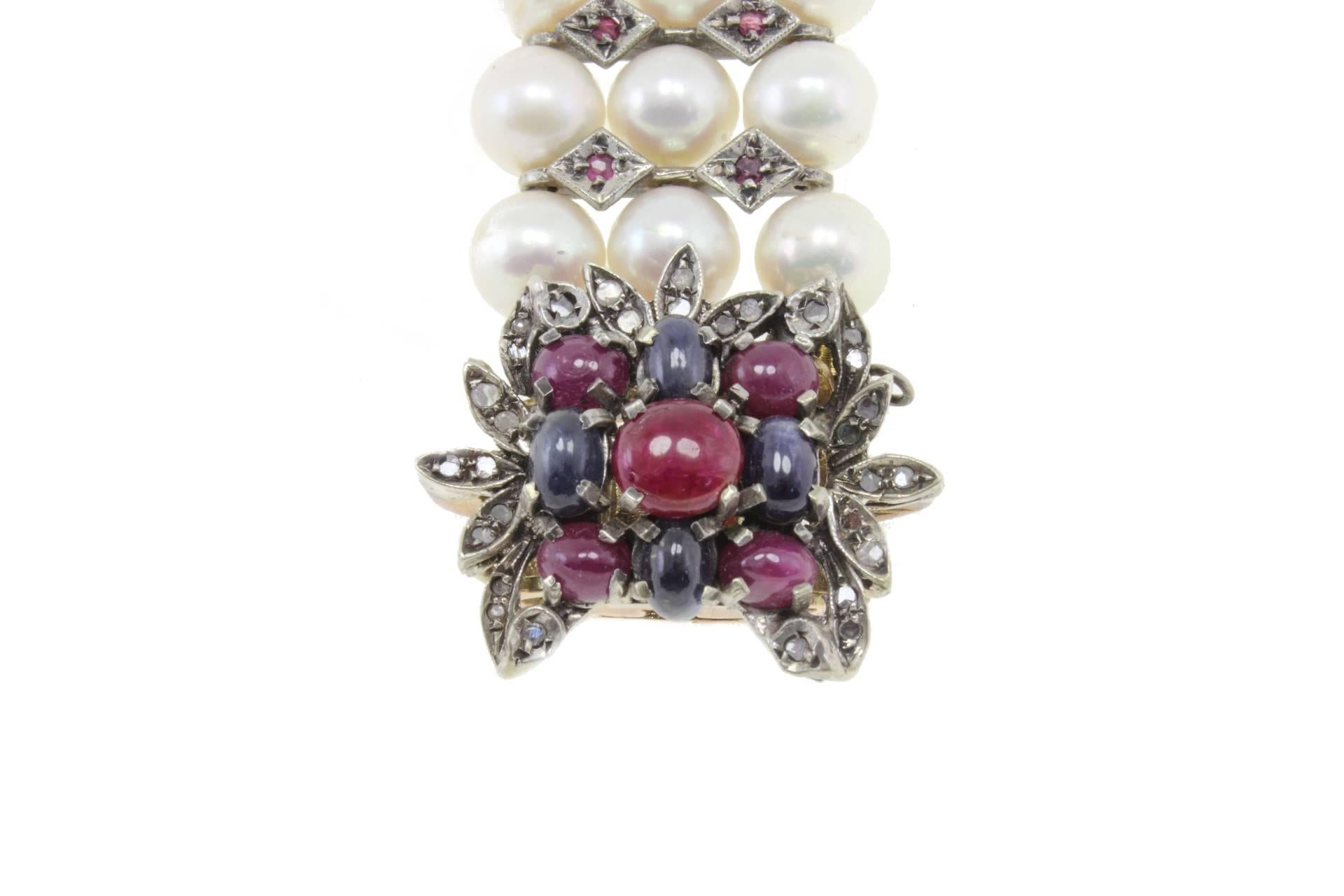 Women's Luise Diamonds Blue Sapphires Rubies Pearls Gold and Silver Bracelet