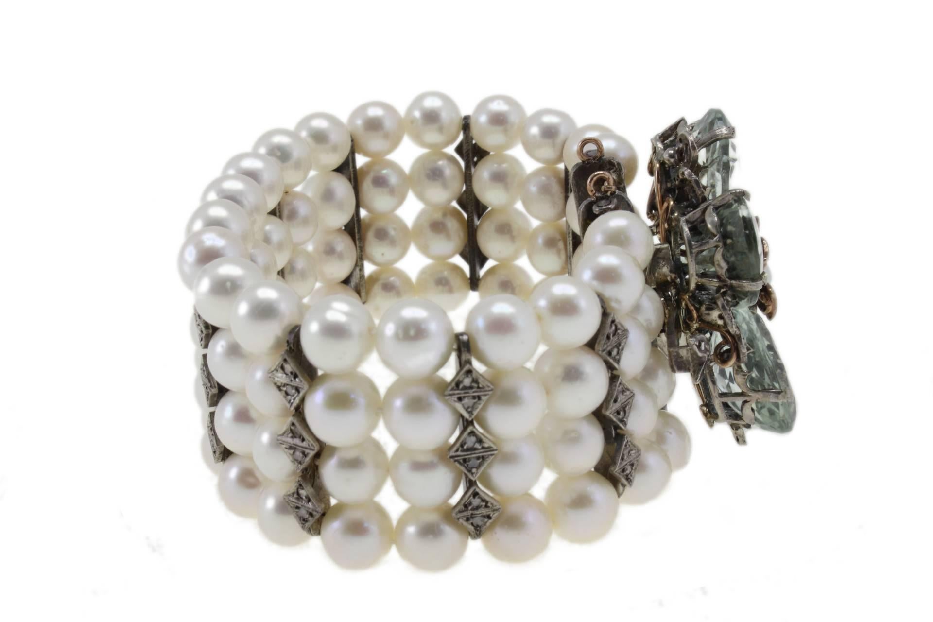 Diamonds, Green Amethyst Pearls Gold and Silver Bracelet In Good Condition In Marcianise, Marcianise (CE)
