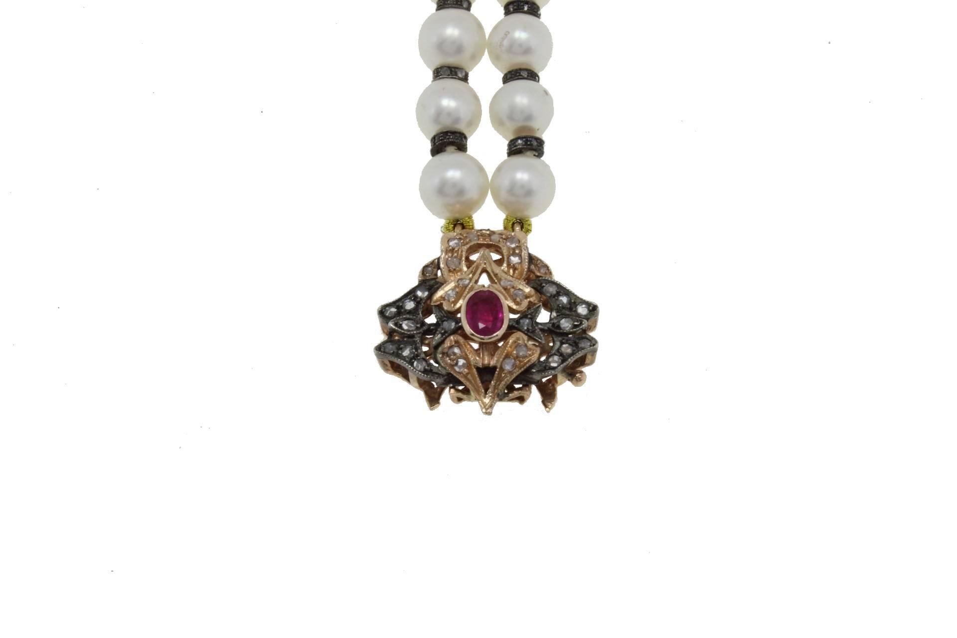 Retro Diamonds Ruby Pearls Gold and Silver Bracelet