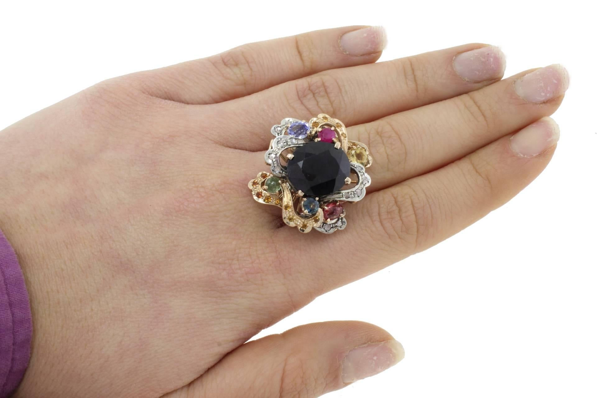 Women's Diamonds Sapphire Central Emeralds Rubies, Yellow Sapphire Gold and Silver Ring