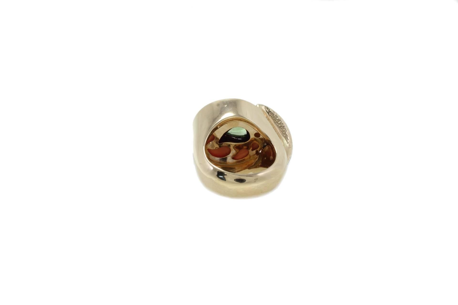 Diamanten Tsavorit Onyx Koralle Mode Gold Ring (Retro) im Angebot