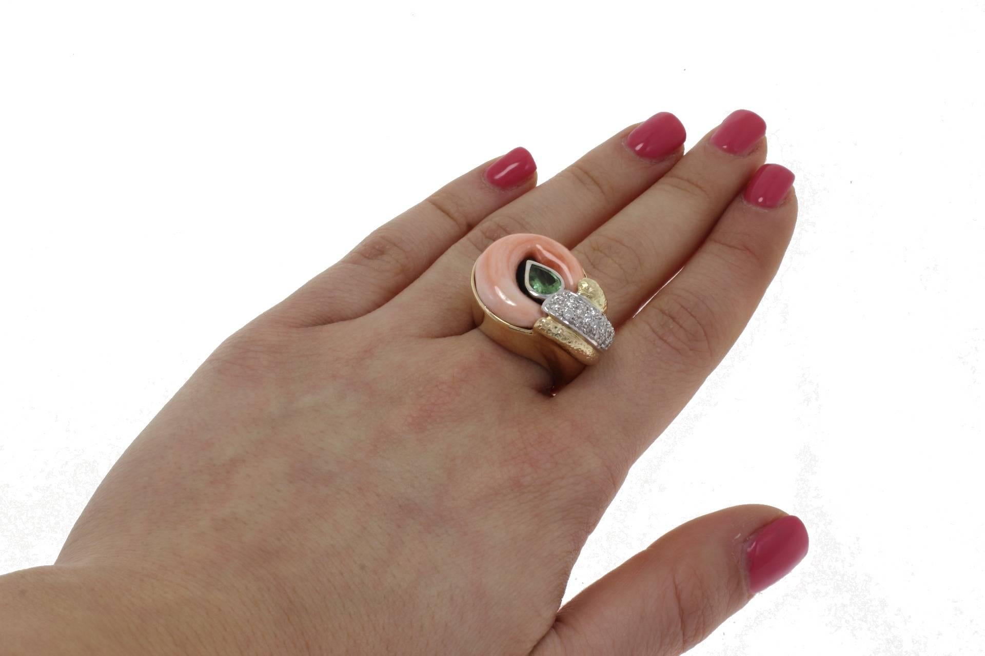Diamanten Tsavorit Onyx Koralle Mode Gold Ring Damen im Angebot