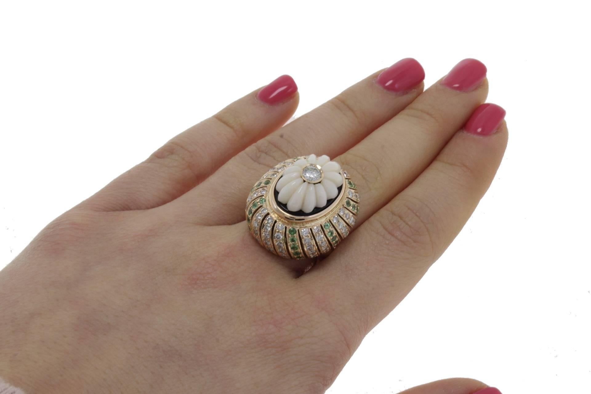 Mixed Cut Diamonds Tsavorite Coral Onyx Cluster Gold Ring For Sale