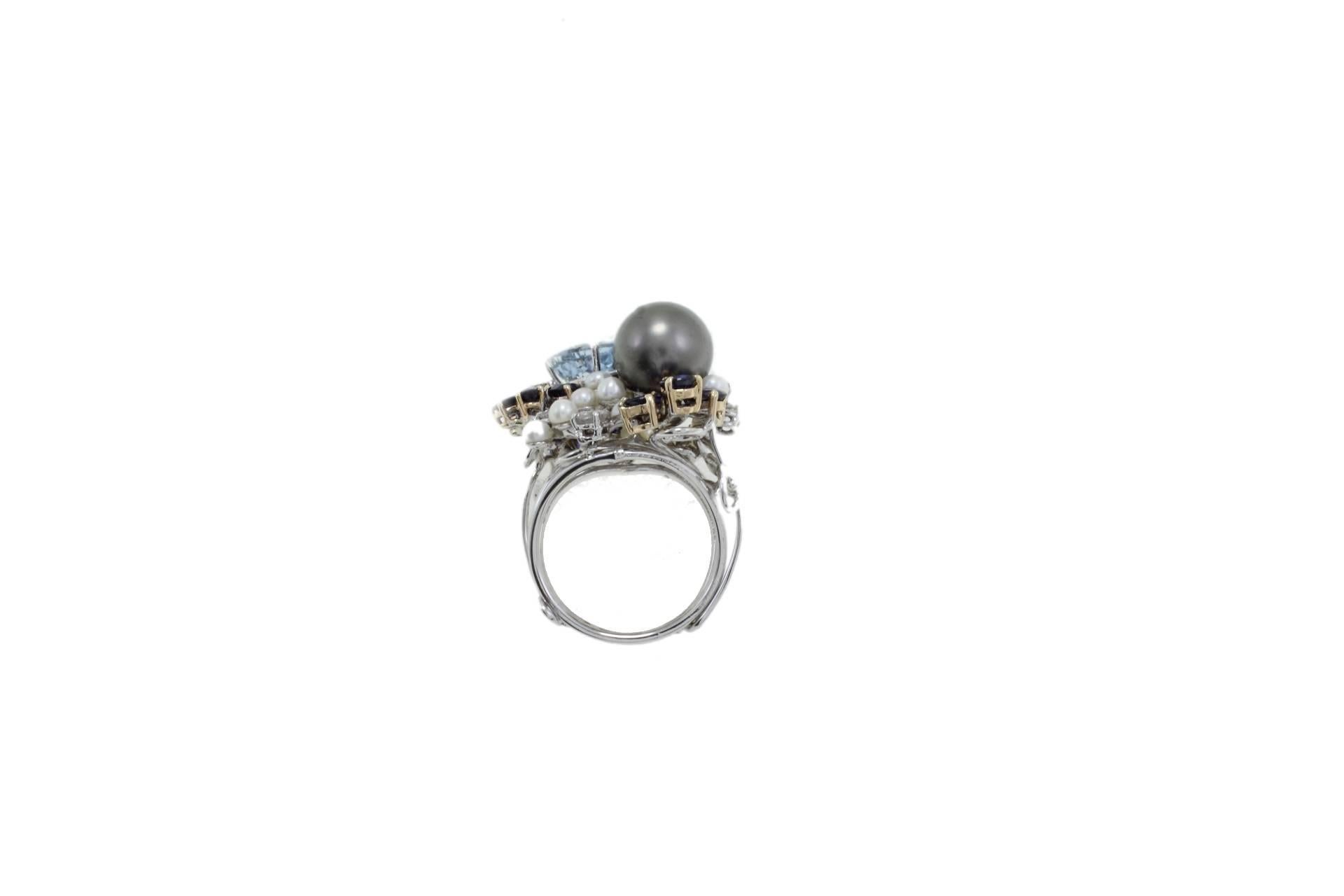 Mixed Cut Aquamarine, Sapphires, Diamonds, Pearls, 14 Kt White and Rose Cluster Gold Ring. For Sale