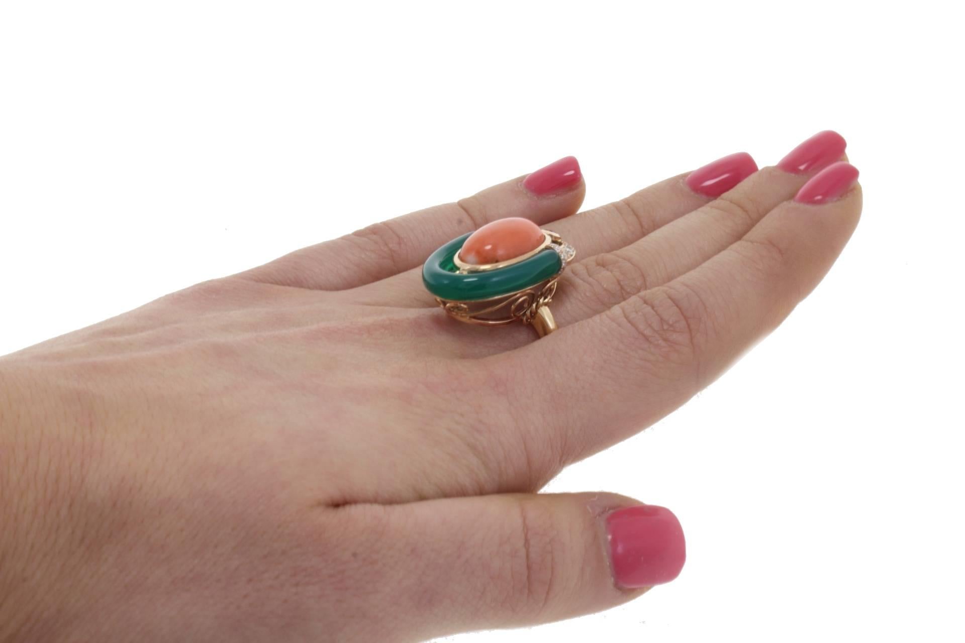 Women's Diamonds Blue Sapphire Green Agate Coral Cocktail Gold Ring