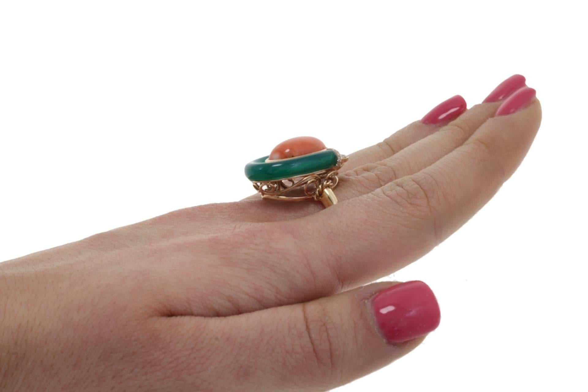 Diamonds Blue Sapphire Green Agate Coral Cocktail Gold Ring 1