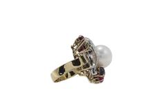 Diamonds Rubies Blue Sapphires Pearl Cluster Gold Ring