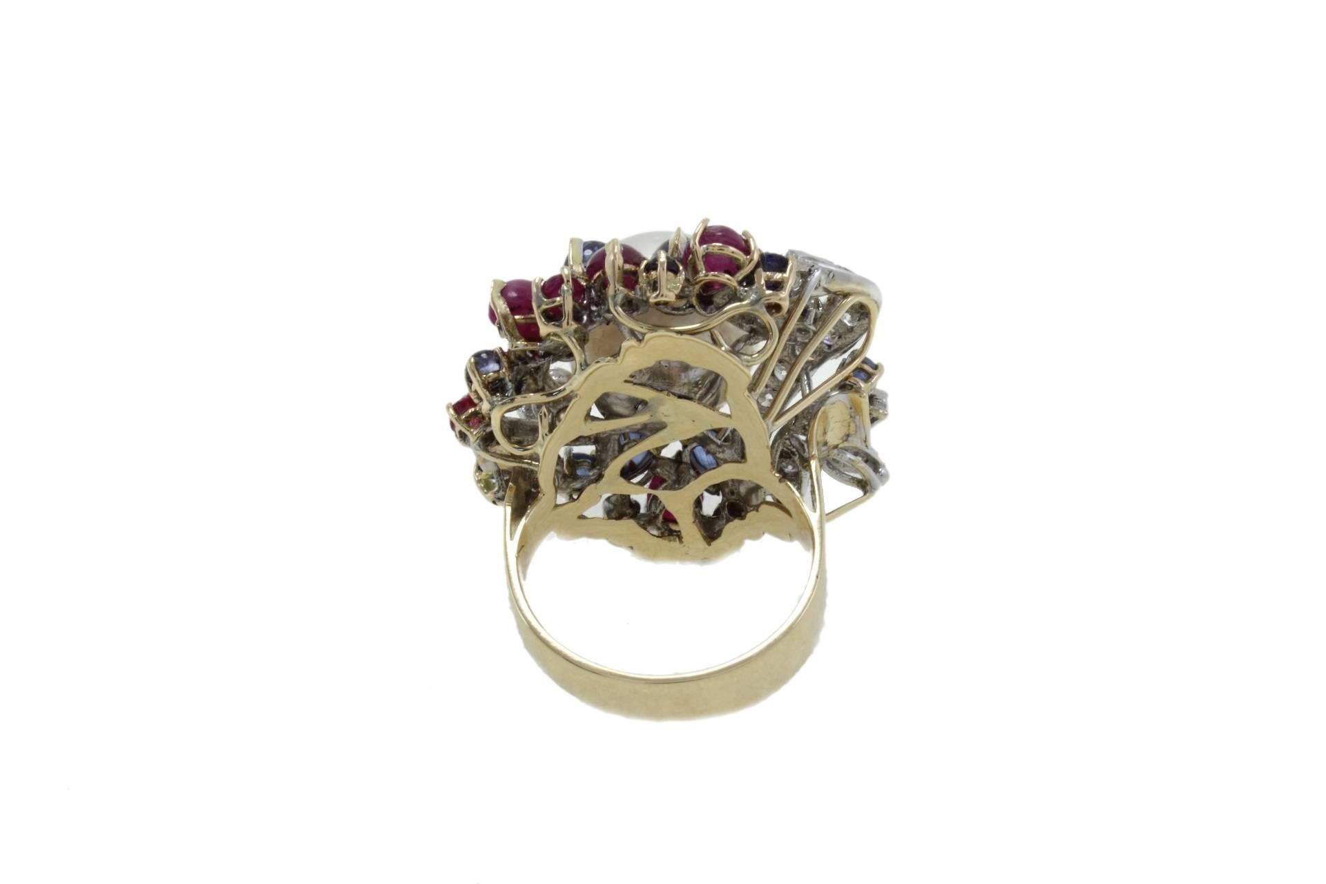 Retro Diamonds Rubies Blue Sapphires Pearl Cluster Gold Ring