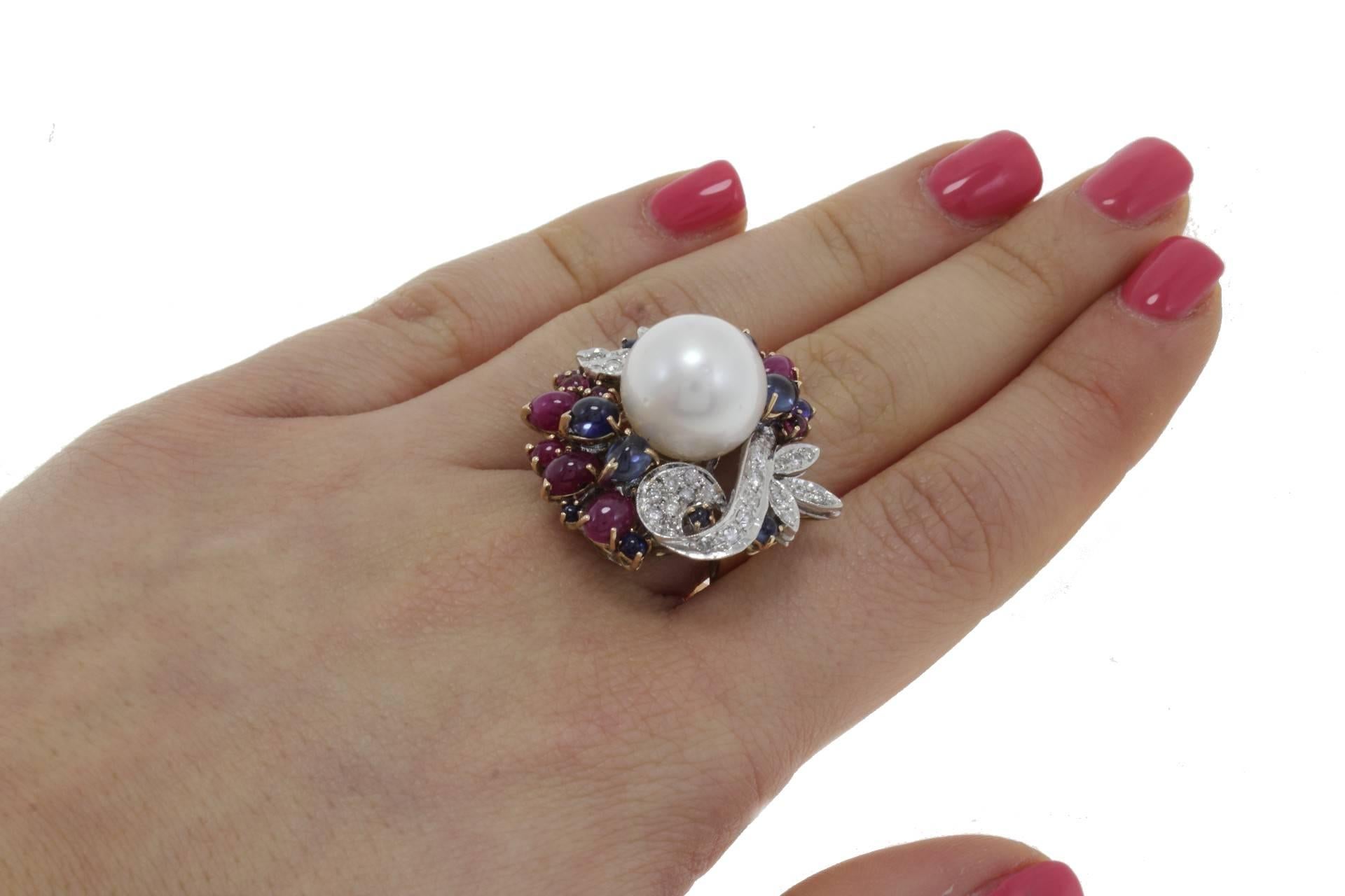 Mixed Cut Diamonds Rubies Blue Sapphires Pearl Cluster Gold Ring