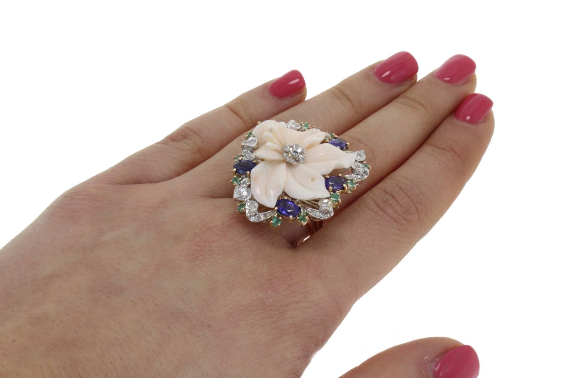 Luise Diamonds Emeralds Blue Sapphires Coral Fashion Ring In Good Condition In Marcianise, Marcianise (CE)