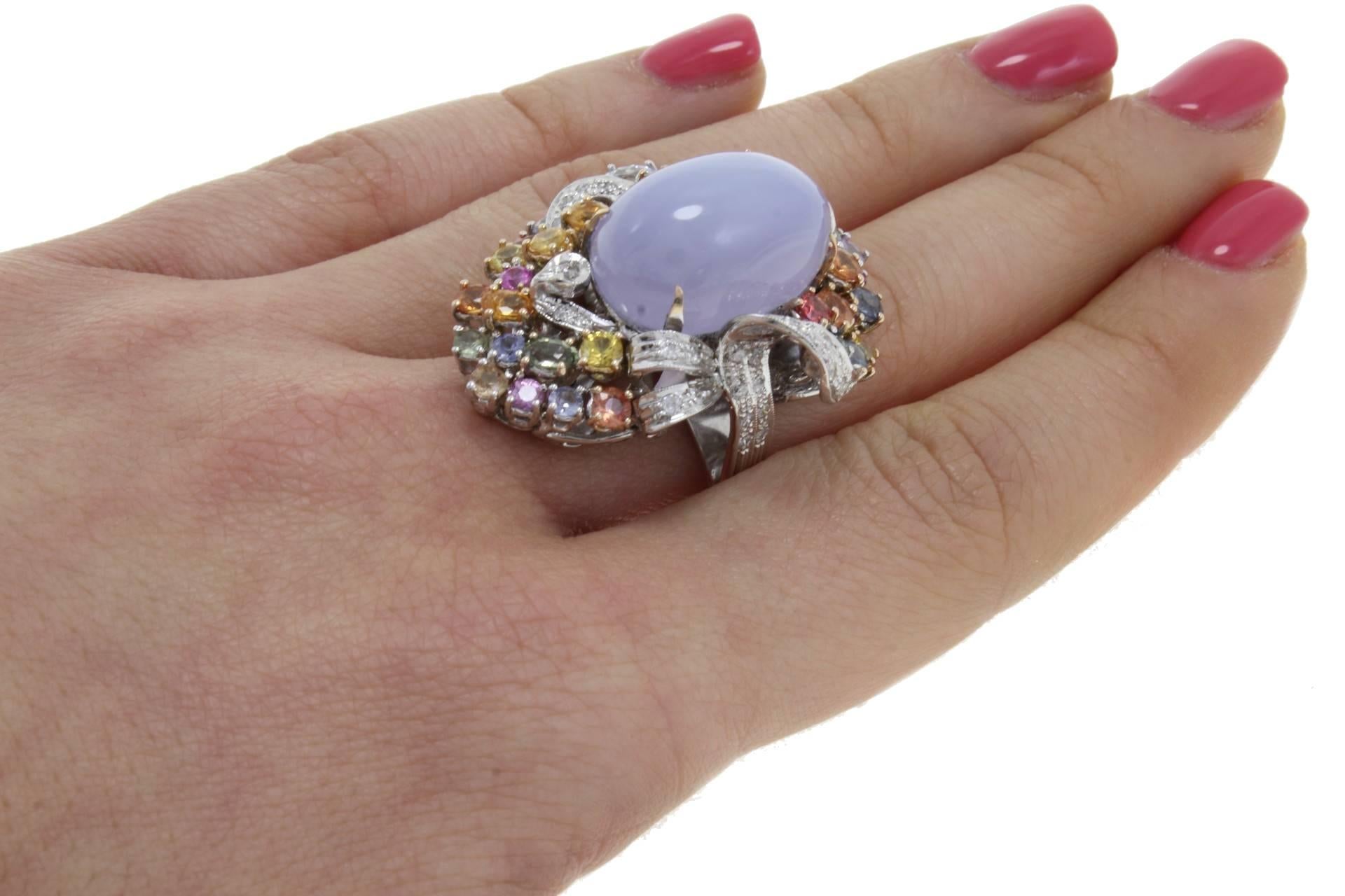 Retro Diamonds, Multi-Color Sapphires, Chalcedony, 14 Kt White and Rose Gold Ring. For Sale