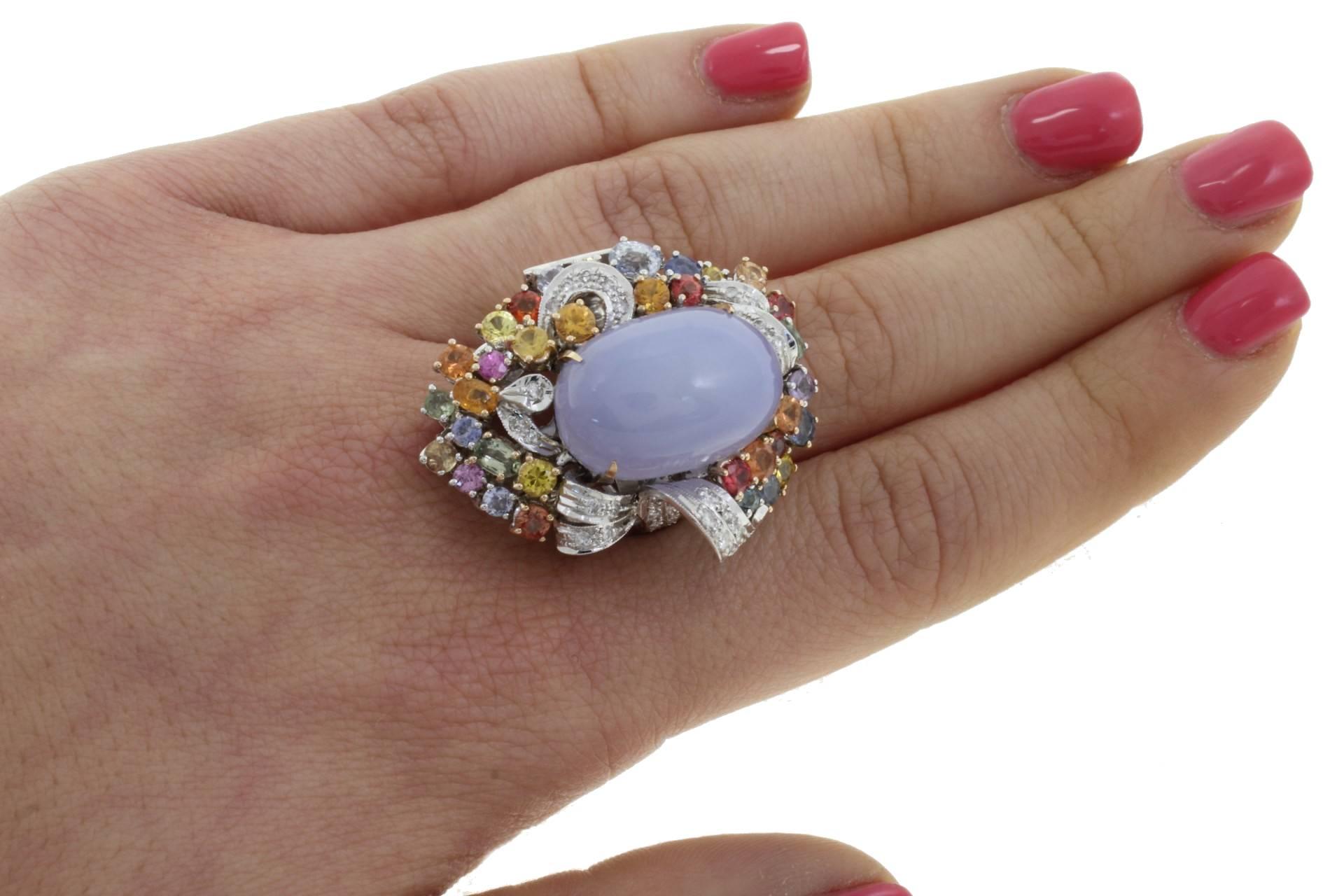 Mixed Cut Diamonds, Multi-Color Sapphires, Chalcedony, 14 Kt White and Rose Gold Ring. For Sale