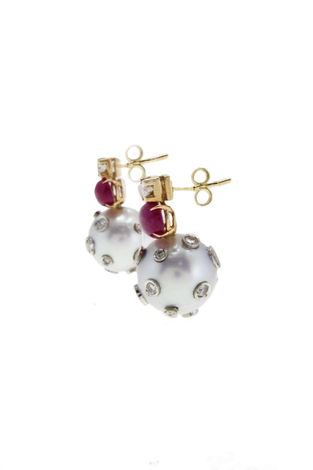 Retro 1.08 Carat Diamonds and 2.89 Carat Rubies Australian Pearls Stud Gold Earrings