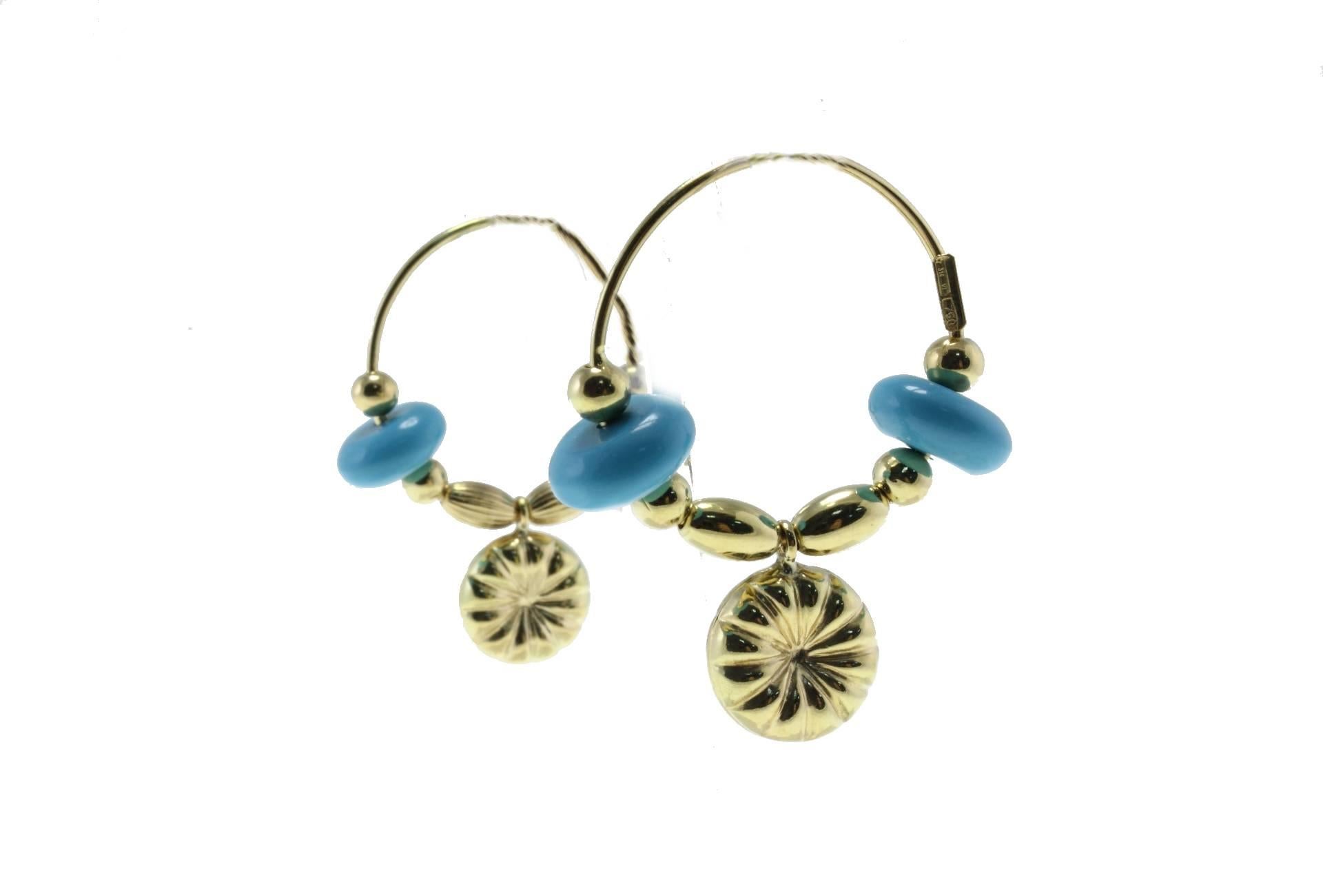 Retro  Turquoise 18 kt Gold Hoop Earrings For Sale