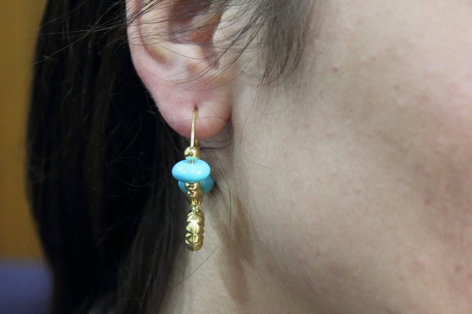 Cabochon  Turquoise 18 kt Gold Hoop Earrings For Sale