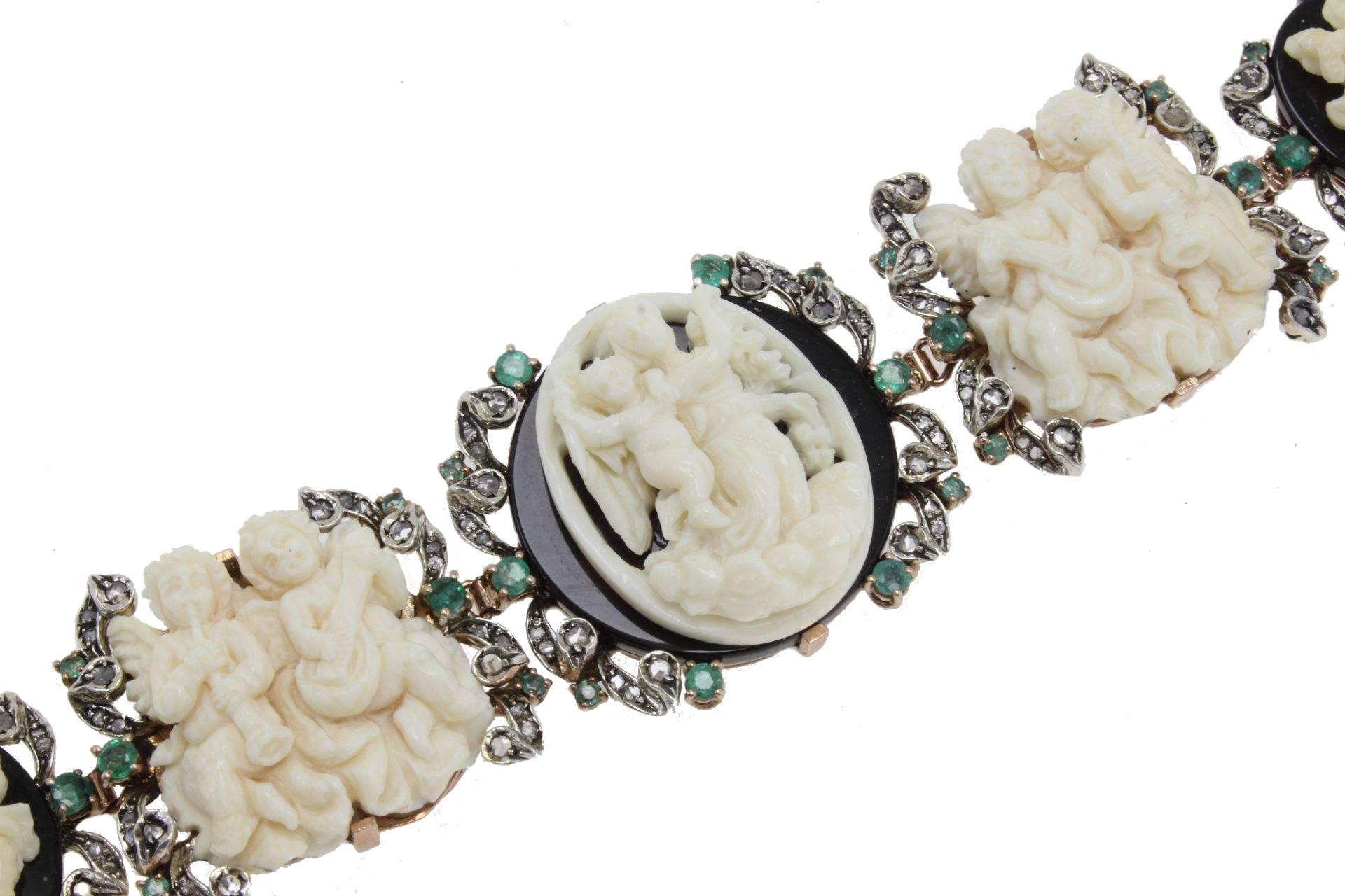 Women's Diamonds Emeralds Onyx Hard Stones Link Gold and Silver Bracelet