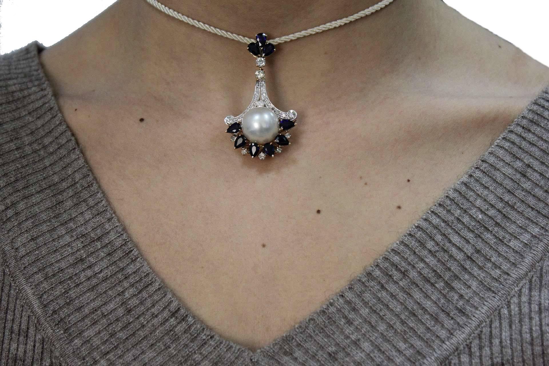 Retro Diamonds Blue Sapphires and Pearl Pendant Gold  Necklace