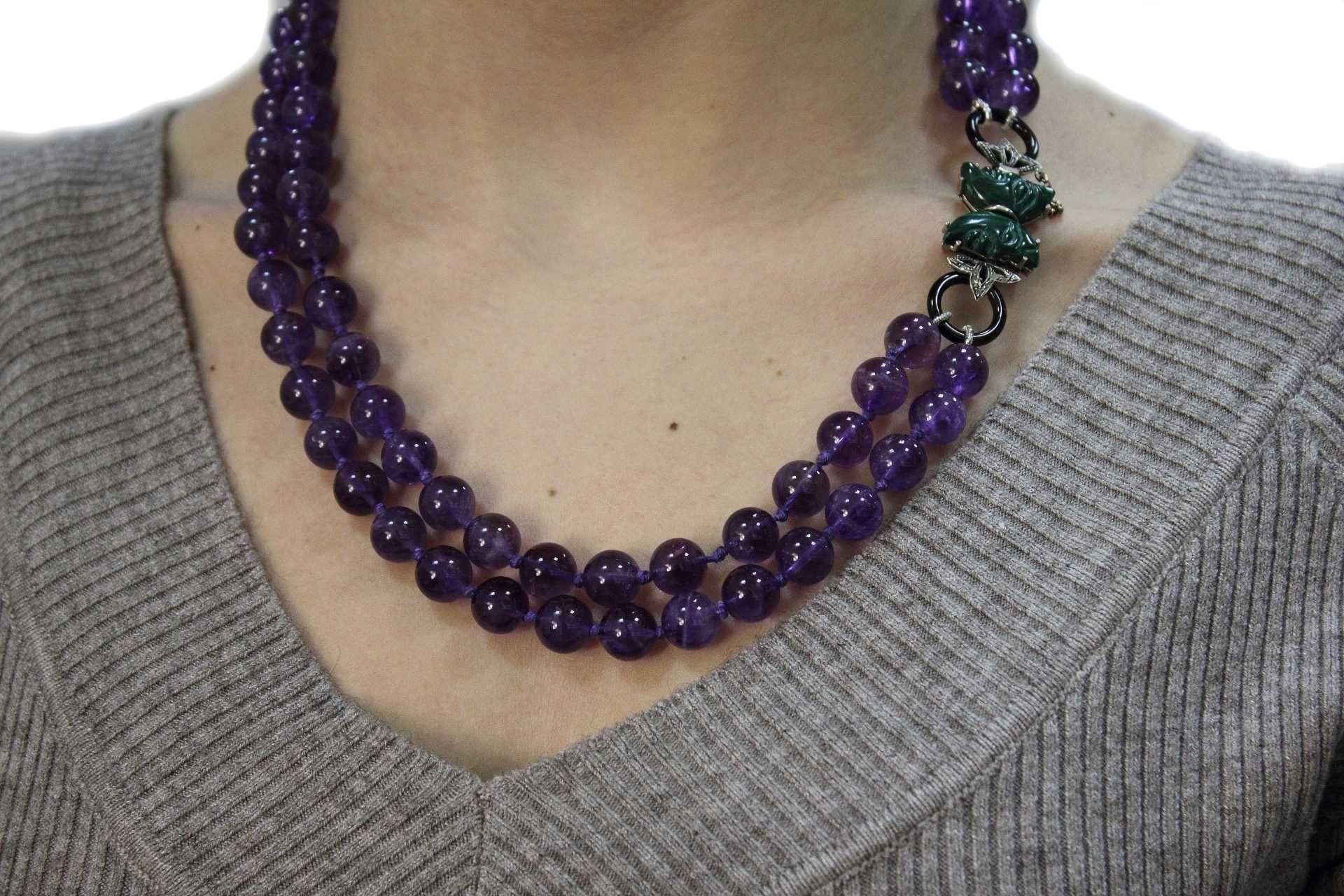 Luise Diamonds Amethyst Onyx Green Malachite Gold Silver Multi-Stands Necklace In Good Condition In Marcianise, Marcianise (CE)