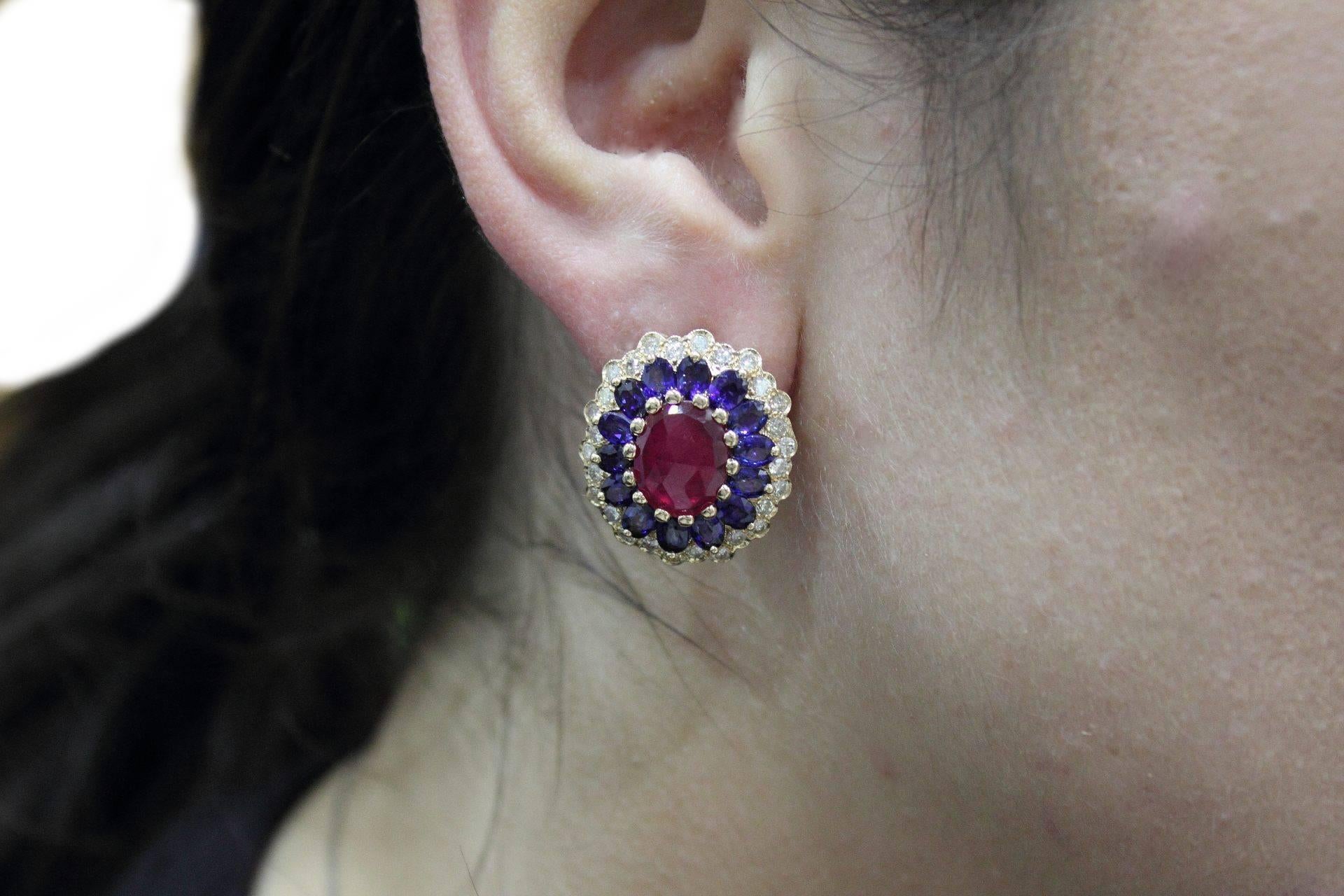  Diamonds Blue Sapphires Rubies Gold Earrings For Sale 1