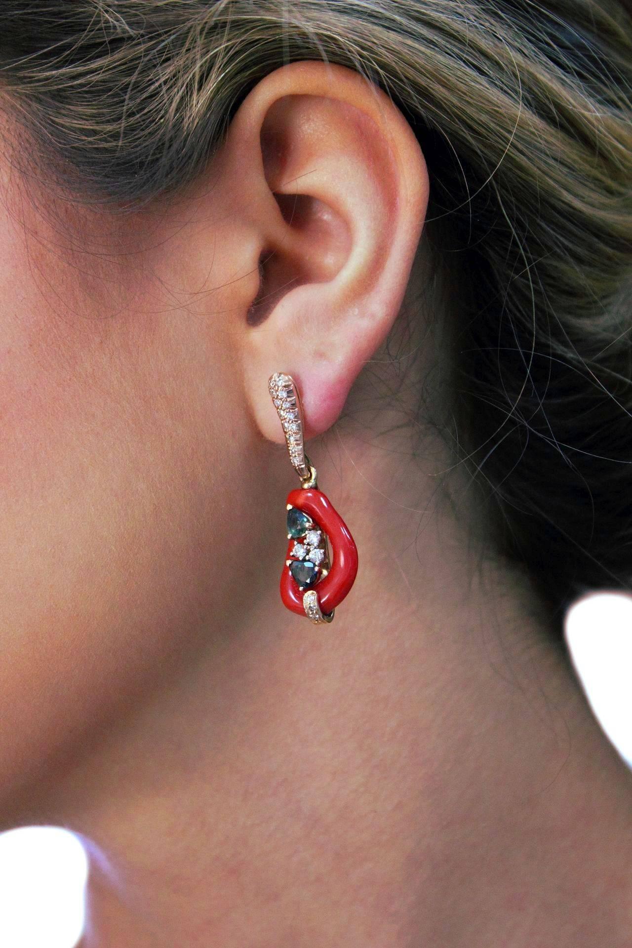 Brilliant Cut  Diamonds, Blue Sapphires, Emeralds, Red Corals, Rose Gold Dangle Earrings For Sale