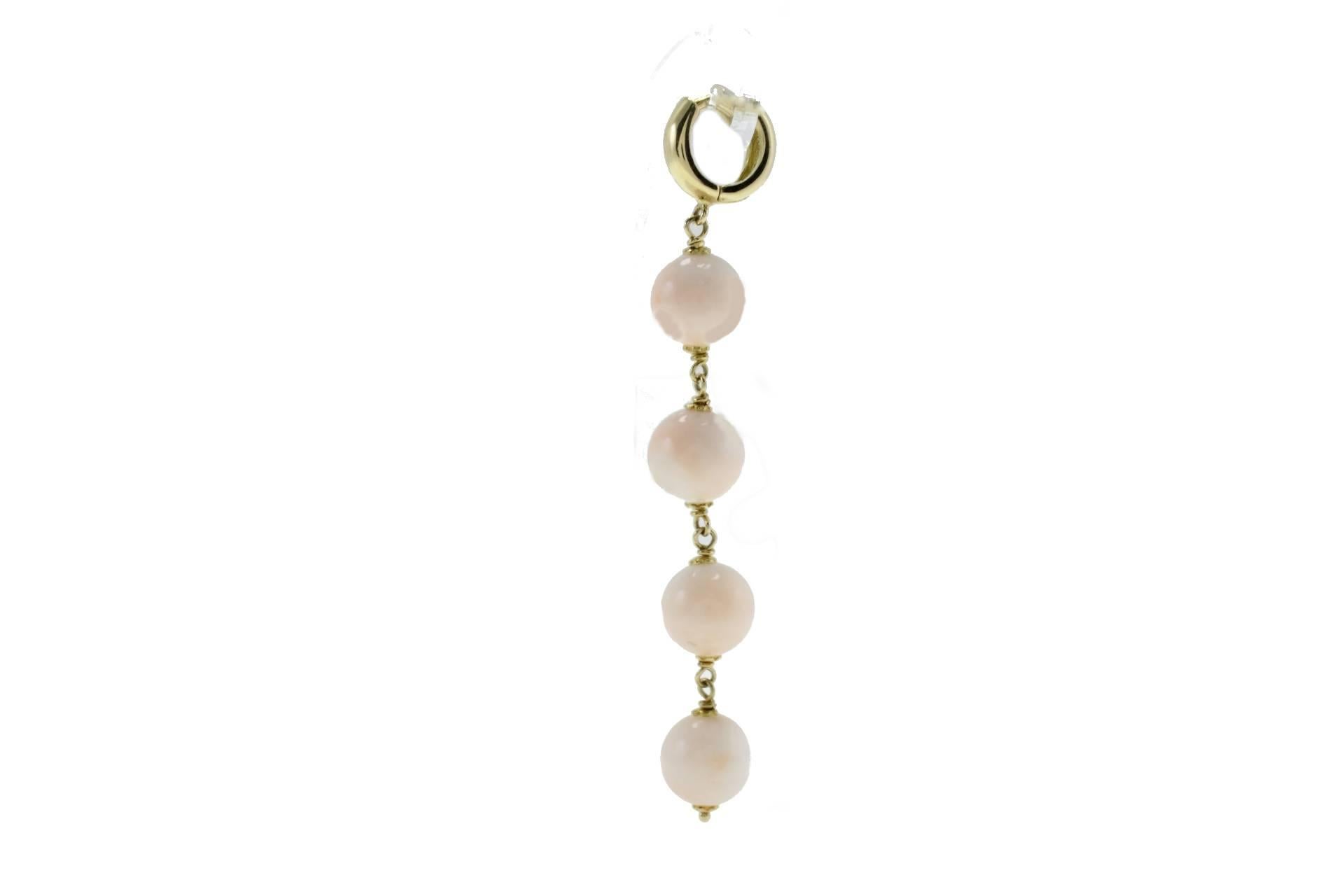 Retro Pink Coral Spheres, 18K Yellow Gold Dangle/Drop Earrings For Sale