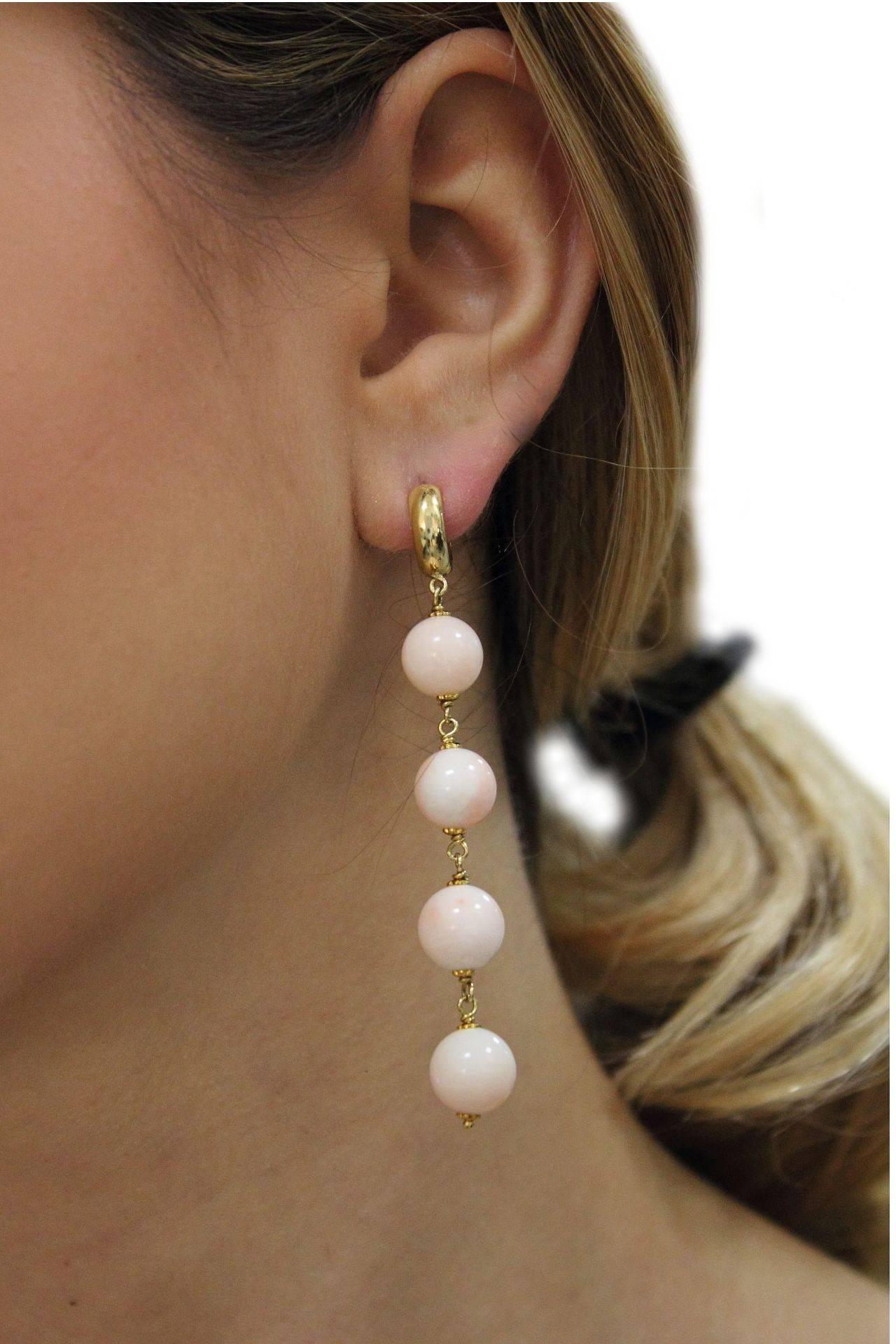 Mixed Cut Pink Coral Spheres, 18K Yellow Gold Dangle/Drop Earrings For Sale