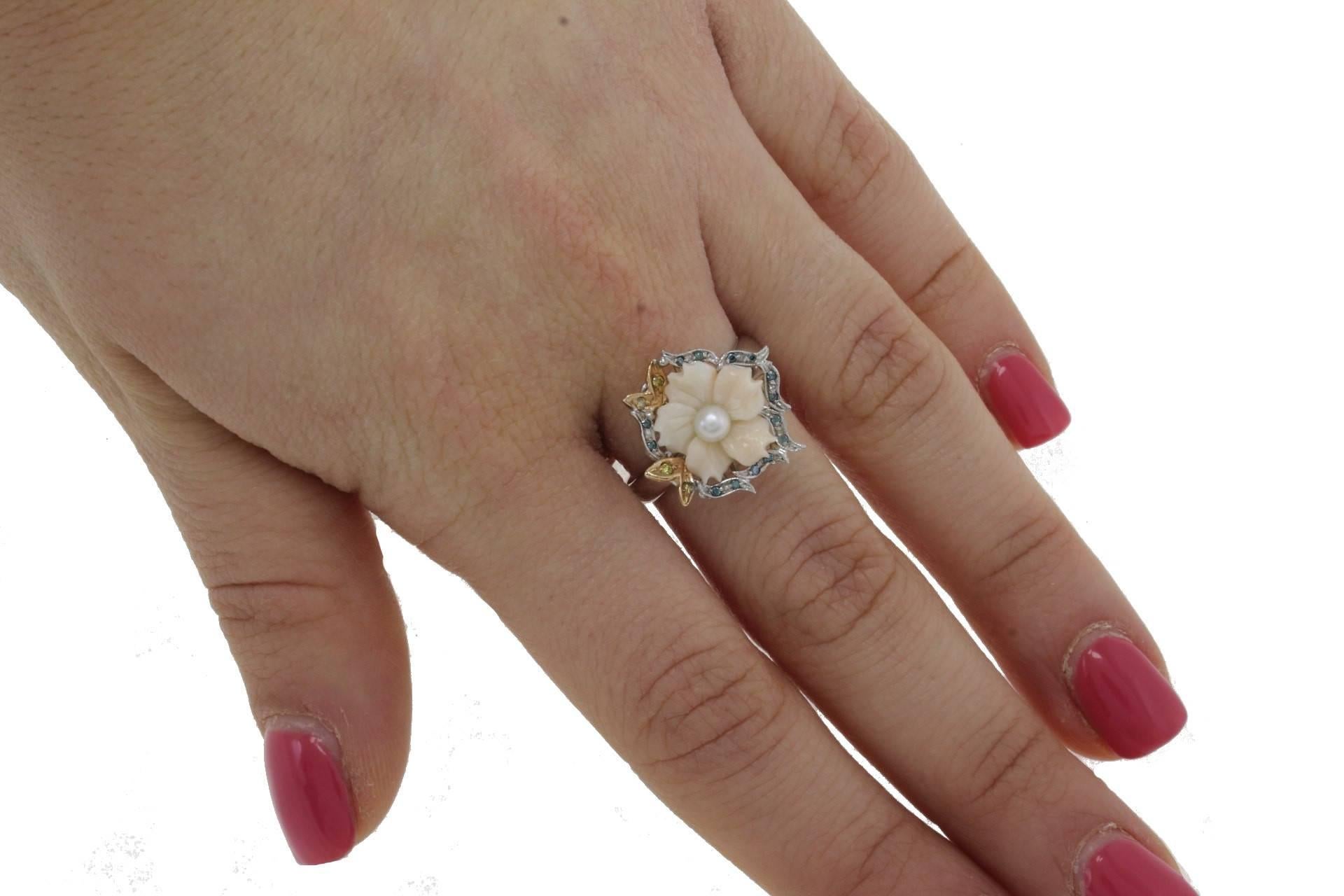 Women's Blue Diamonds Coral Pearl Gold Cocktail Ring