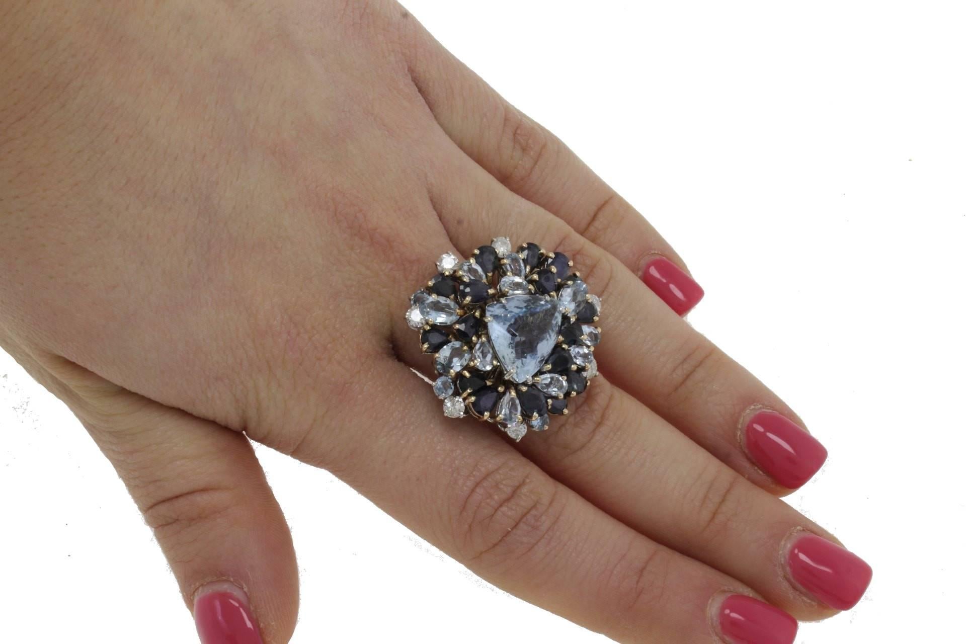 diamonds Blue Sapphires Aquamarine Gold Fashion Ring 1