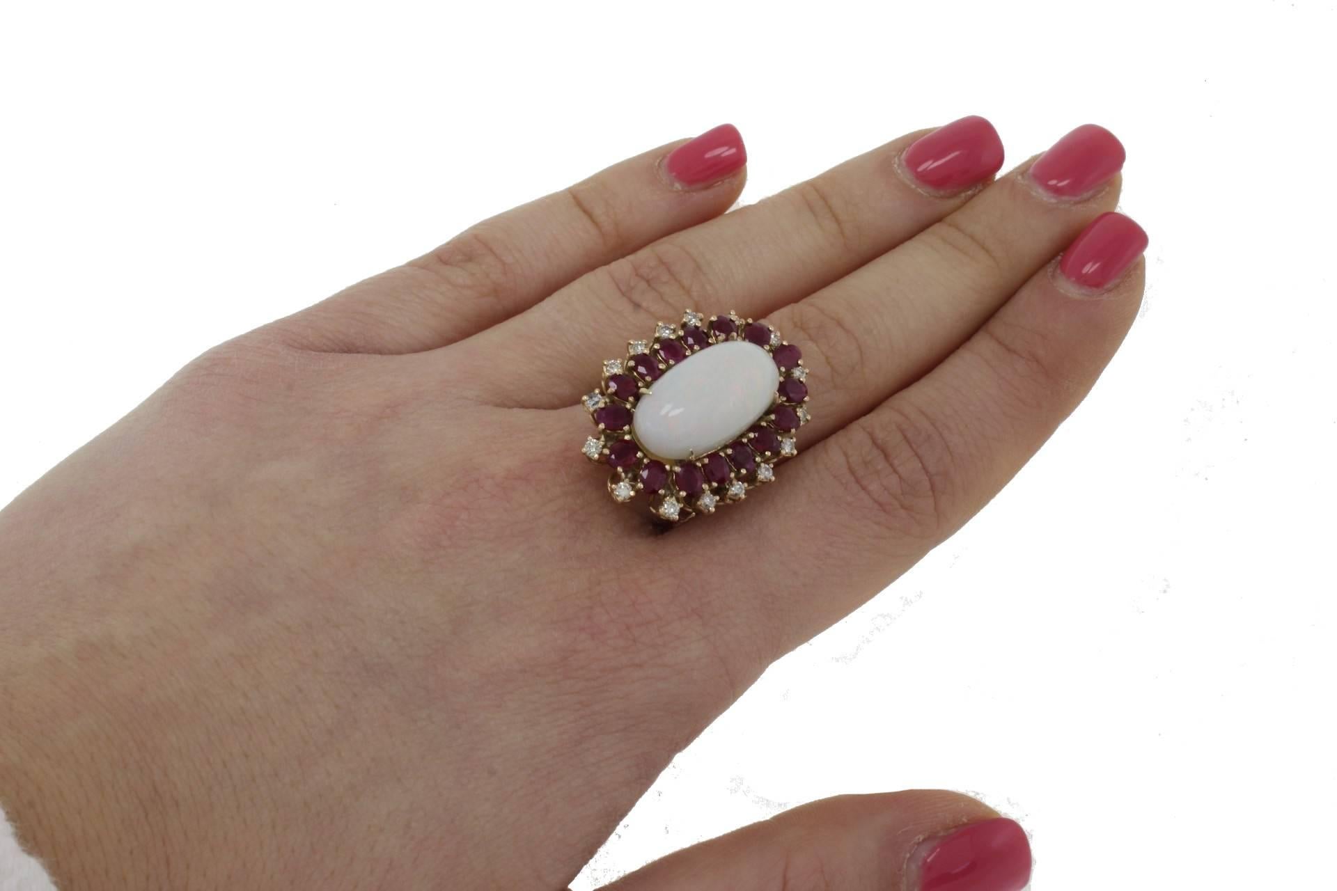 Women's  Diamonds Rubies Opal Gold Cluster Ring