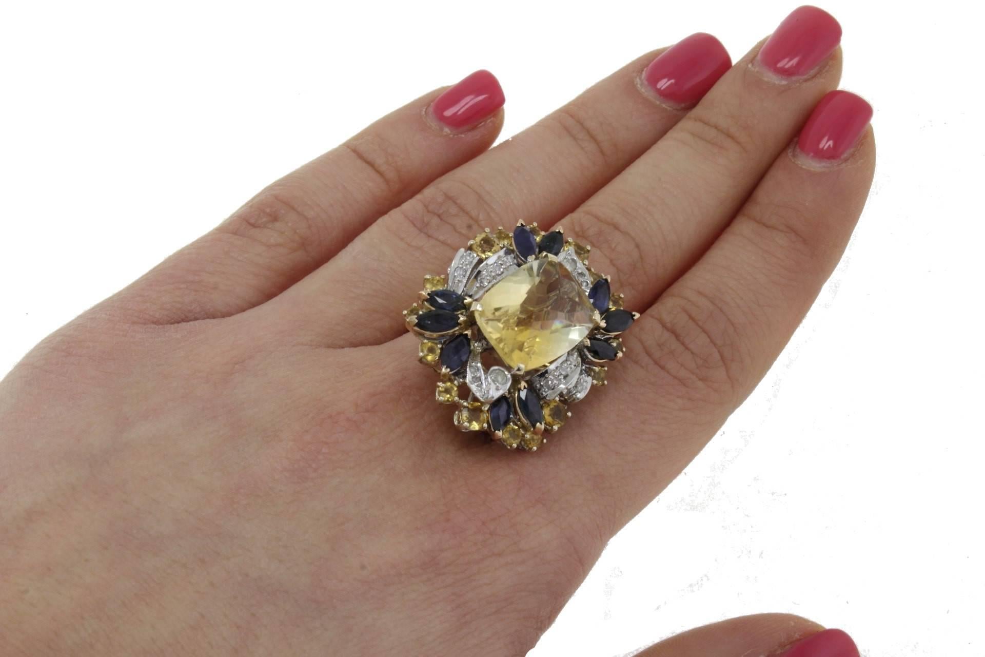 Mixed Cut ct 13, 38 Diamonds Blue Sapphires Yellow Topaz Cluster Gold Ring For Sale