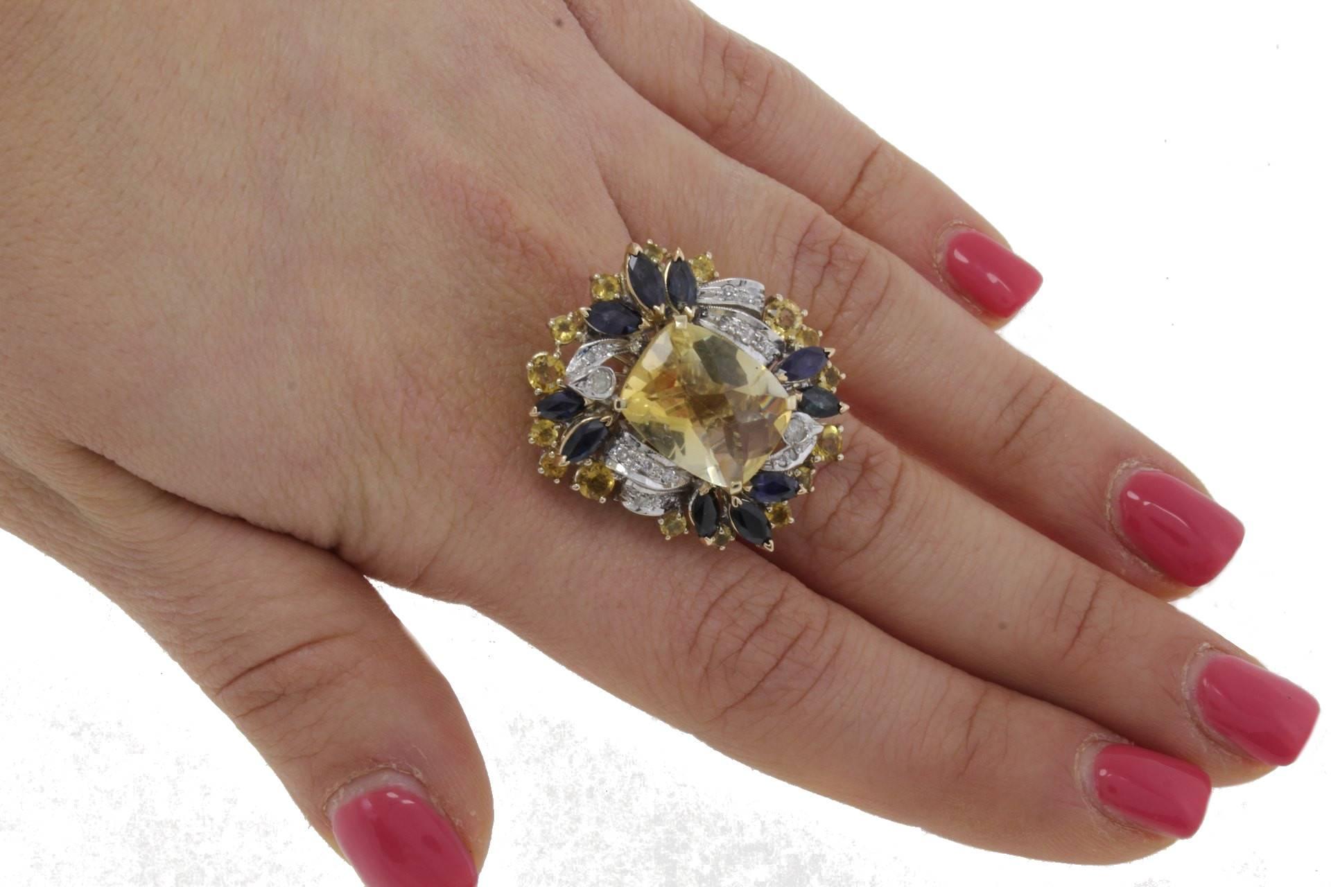 ct 13, 38 Diamonds Blue Sapphires Yellow Topaz Cluster Gold Ring In Good Condition For Sale In Marcianise, Marcianise (CE)