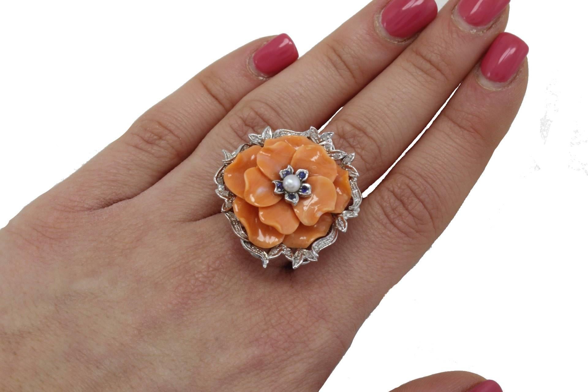 Diamonds Blue Sapphires Pearls Coral Cluster Gold Ring 1
