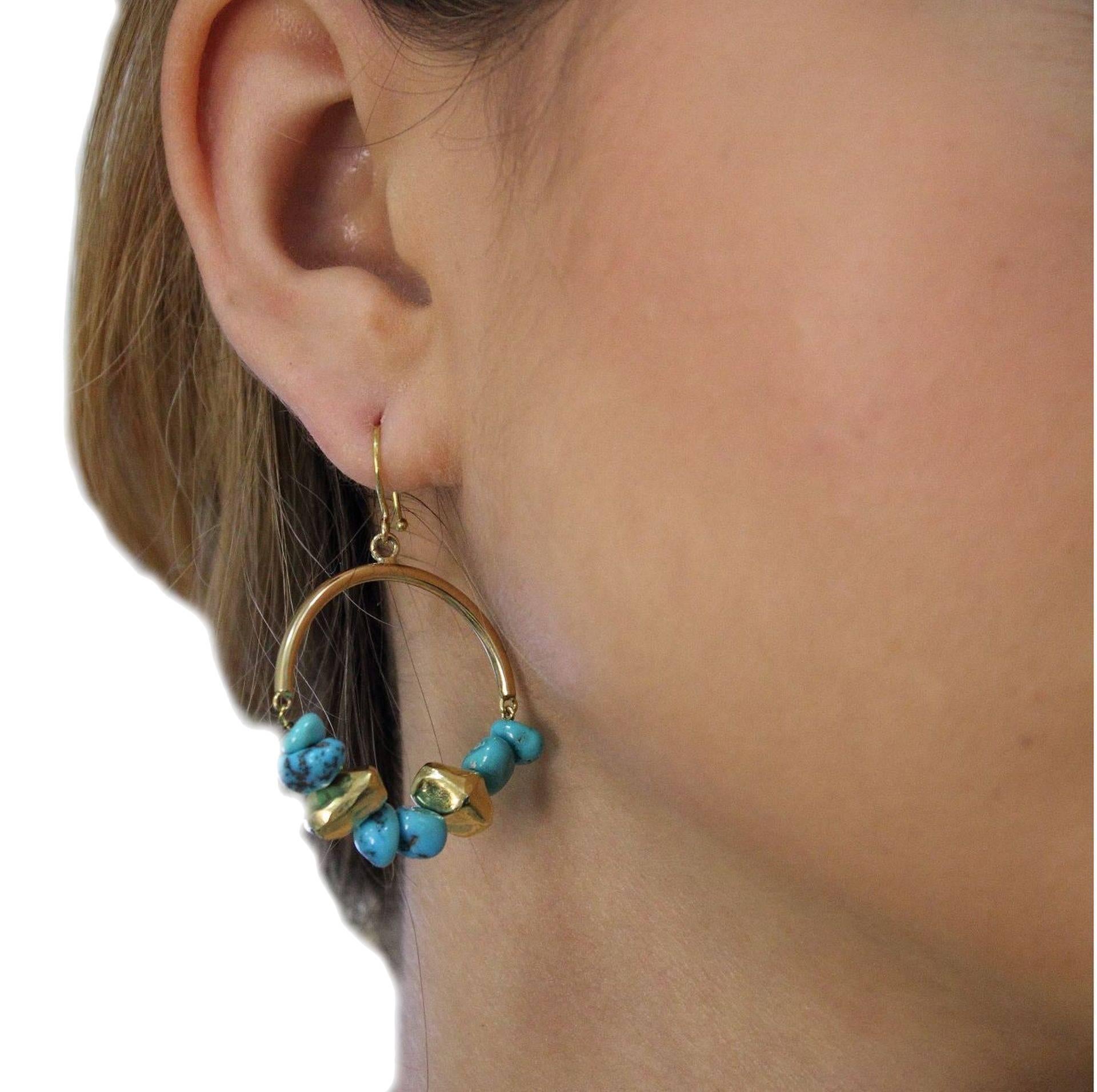 Mixed Cut  Turquoise Matrix Gold Hoop Gold Earrings For Sale