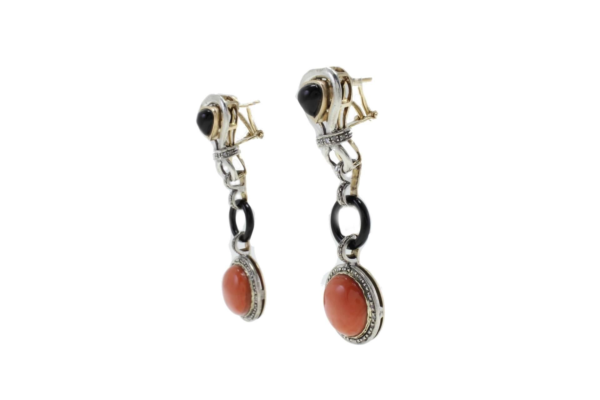 Retro Diamonds, Onyx, Red Coral Buttons, 14 Kt Rose Gold and Silver Dangle Earrings For Sale