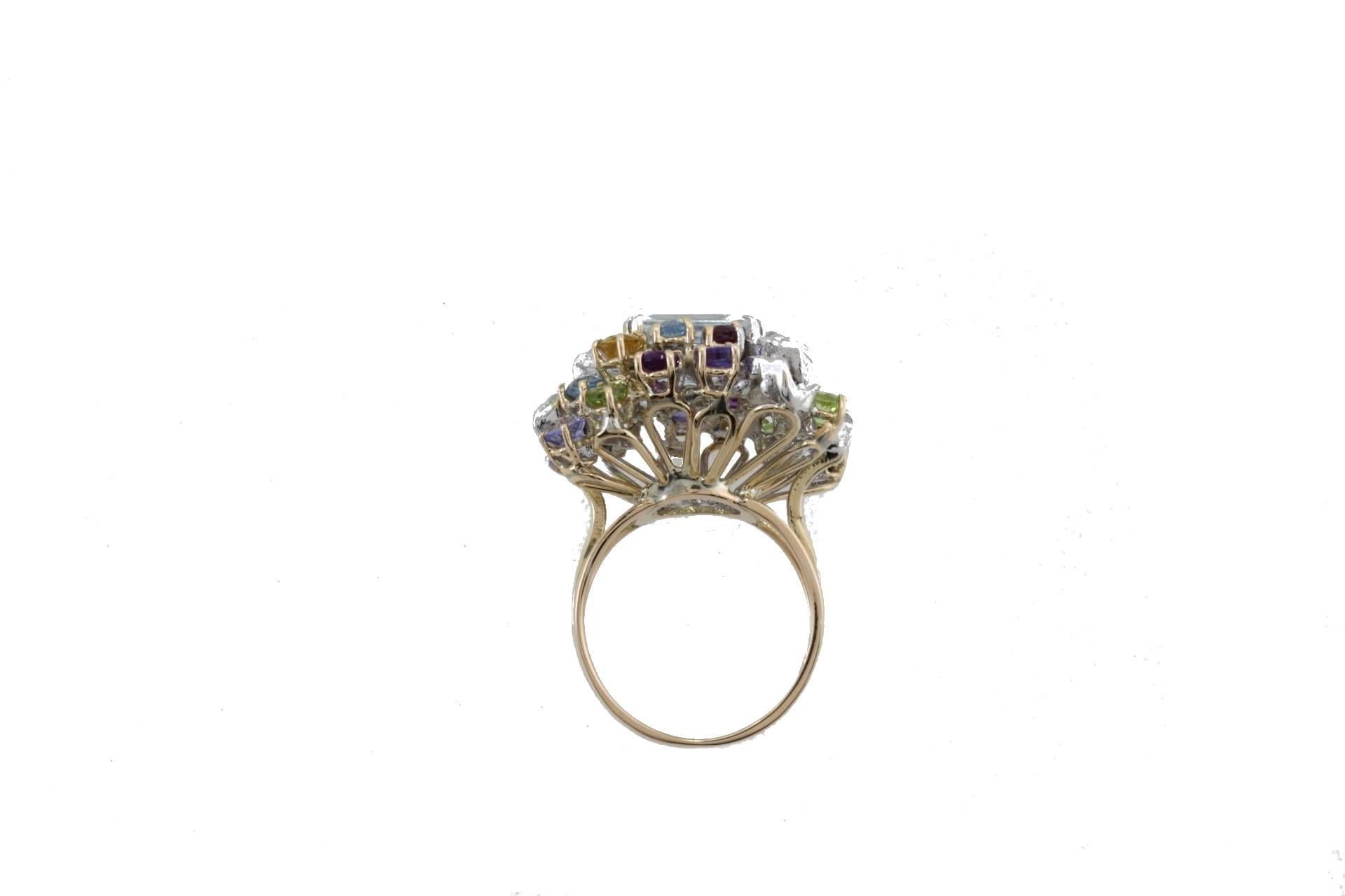 Diamonds Topaz Peridots Amethyst Tanzanite Garnet Aquamarine Cluster Gold  Ring In Good Condition In Marcianise, Marcianise (CE)