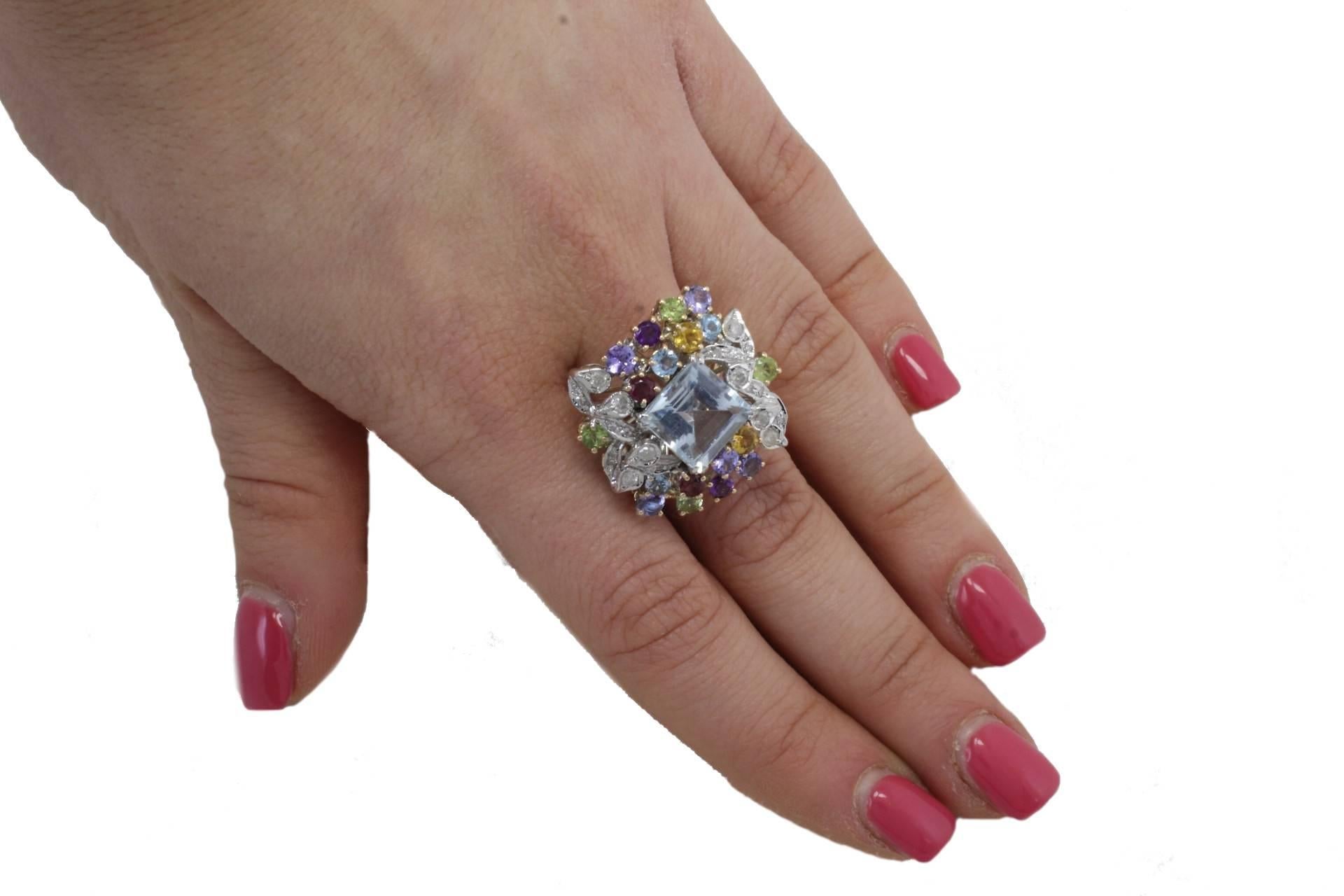Women's Diamonds Topaz Peridots Amethyst Tanzanite Garnet Aquamarine Cluster Gold  Ring